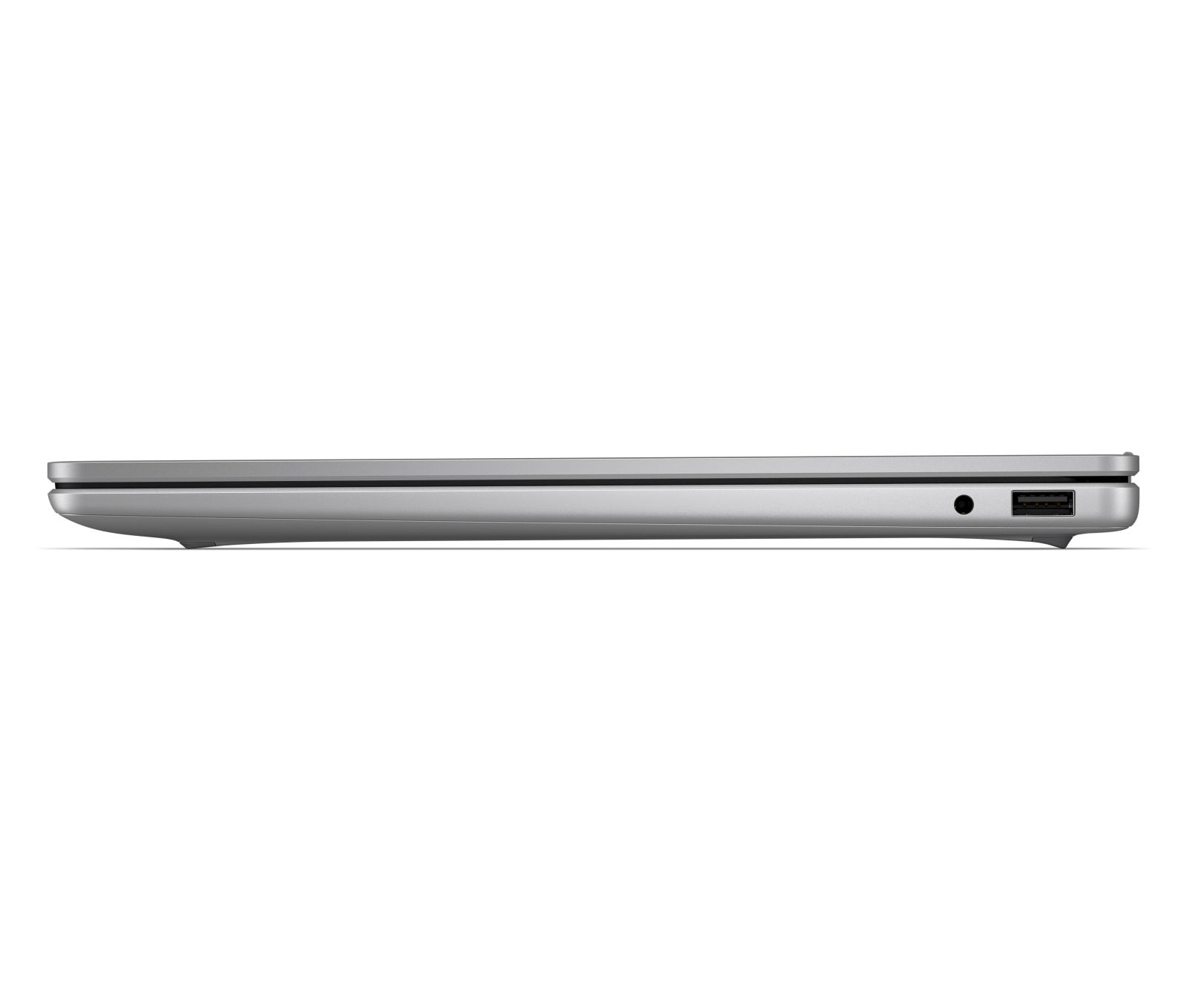 Seitenansicht eines geschlossenen silbernen Laptops auf weißem Hintergrund mit einem USB-Anschluss und einer Kopfhörerbuchse.