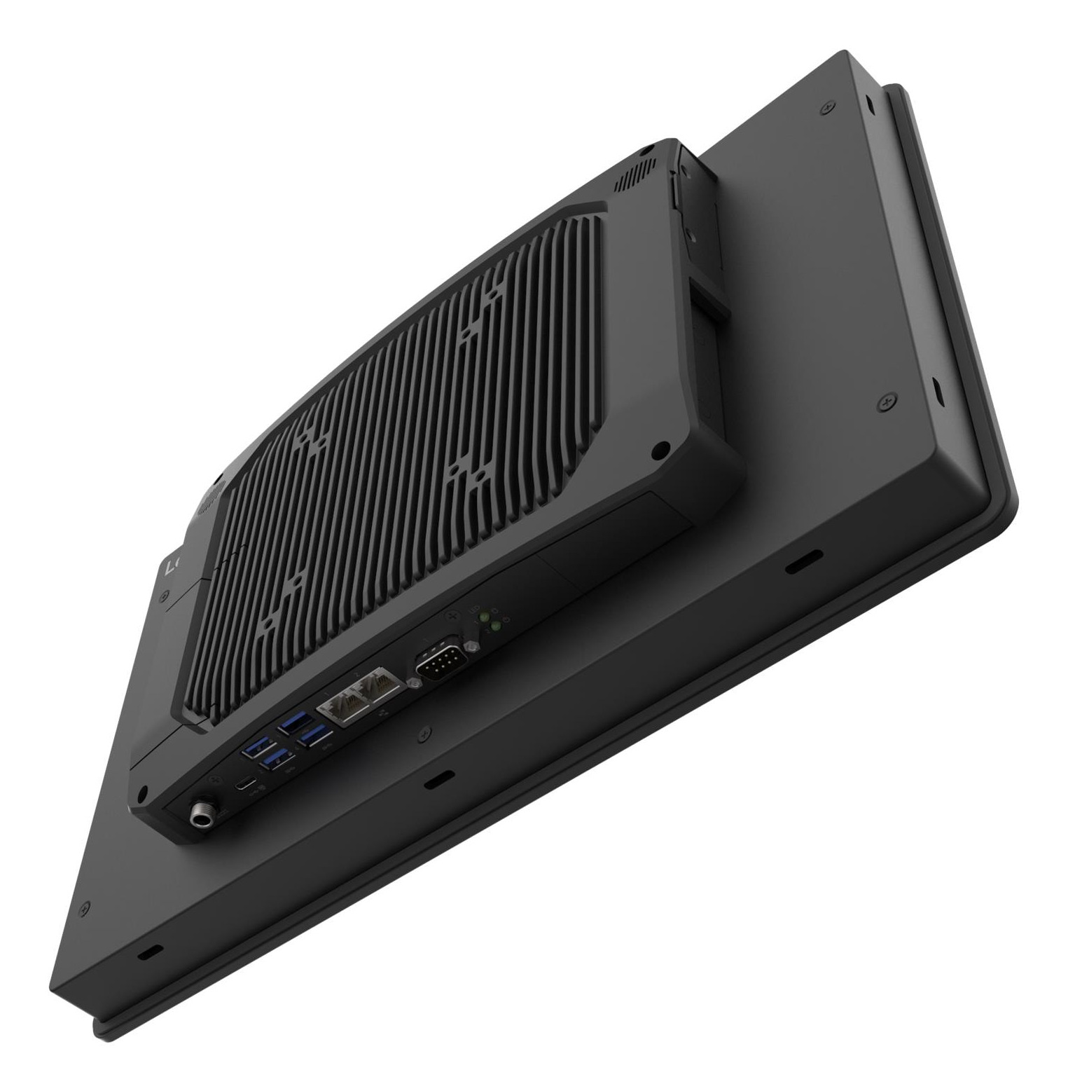 Vue arrière d'un panneau PC industriel noir avec ports et ailettes de refroidissement.