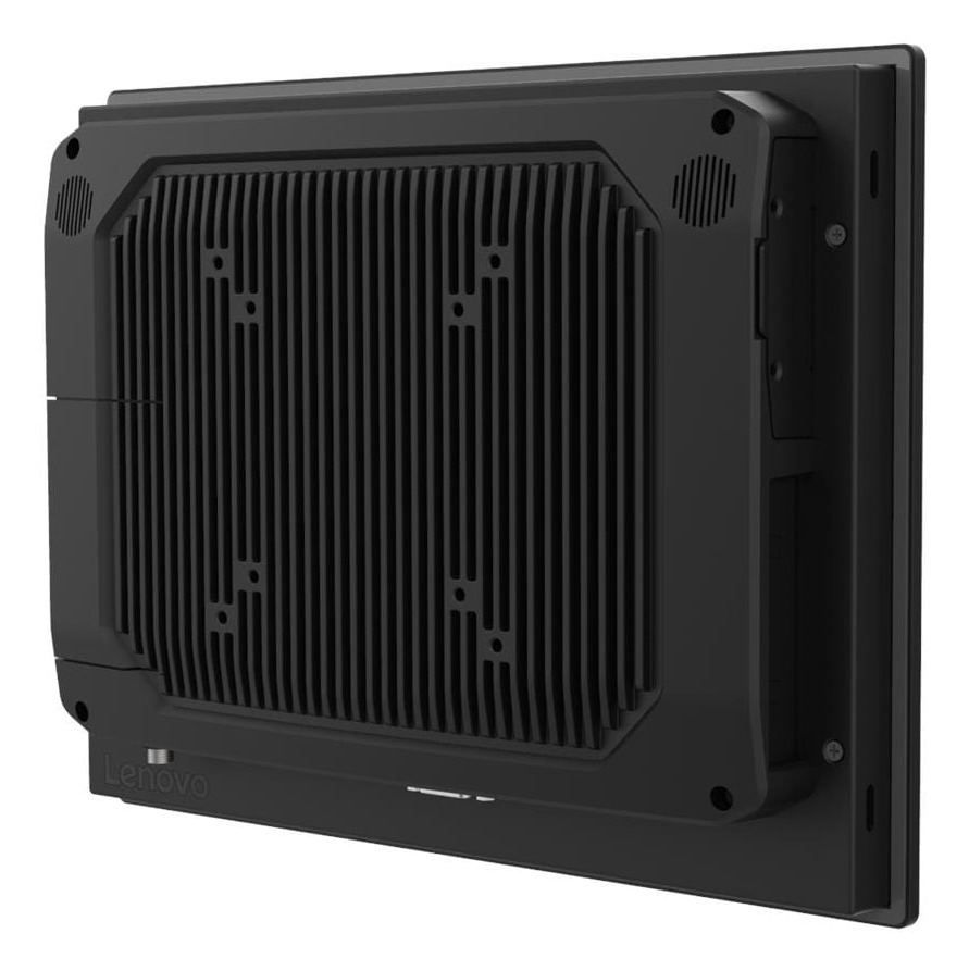 Vue arrière d'un moniteur Lenovo noir avec ailettes de refroidissement, trous VESA et logo.