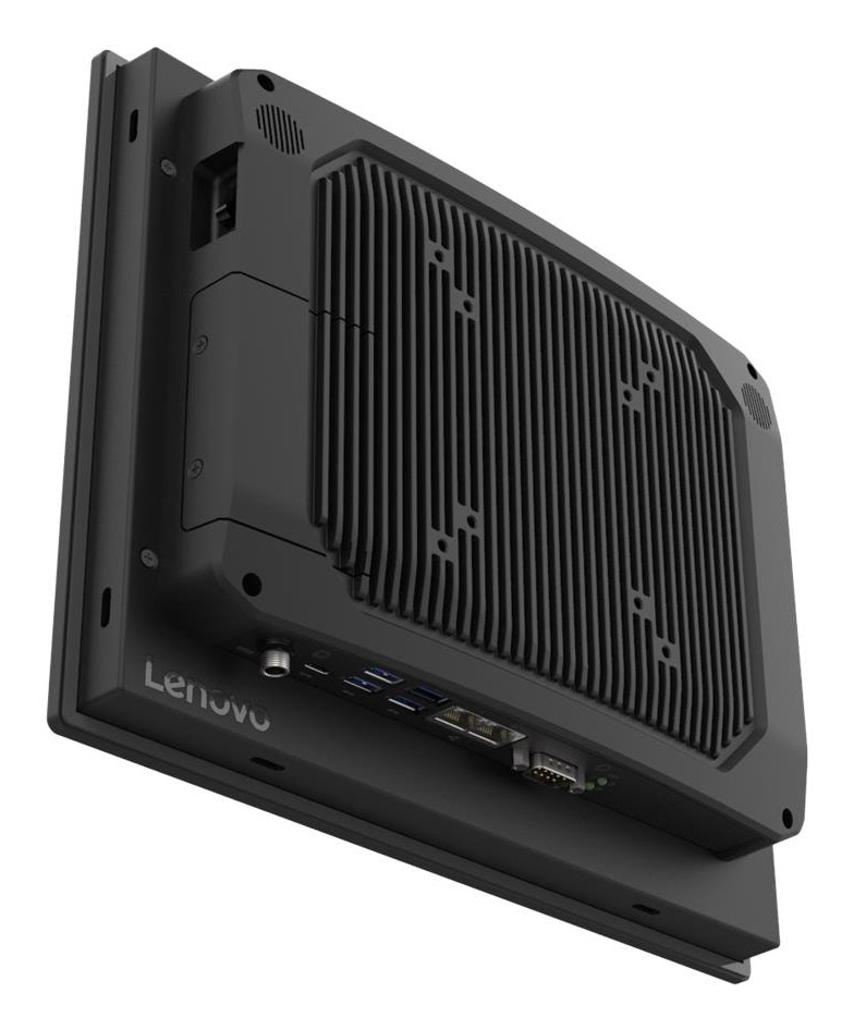 Vue arrière d'un PC panel industriel Lenovo noir avec un dissipateur thermique nervuré et divers ports en bas.