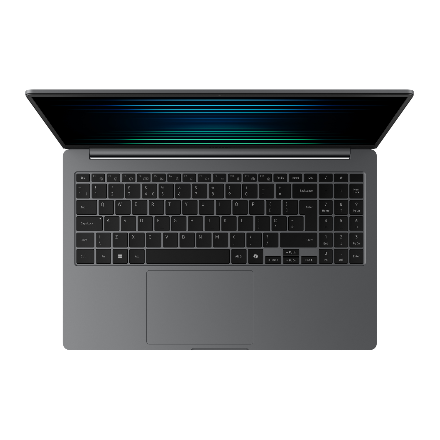 Draufsicht auf ein offenes, dunkelgraues Laptop mit beleuchtetem Bildschirm, sichtbarer Tastatur und Trackpad.