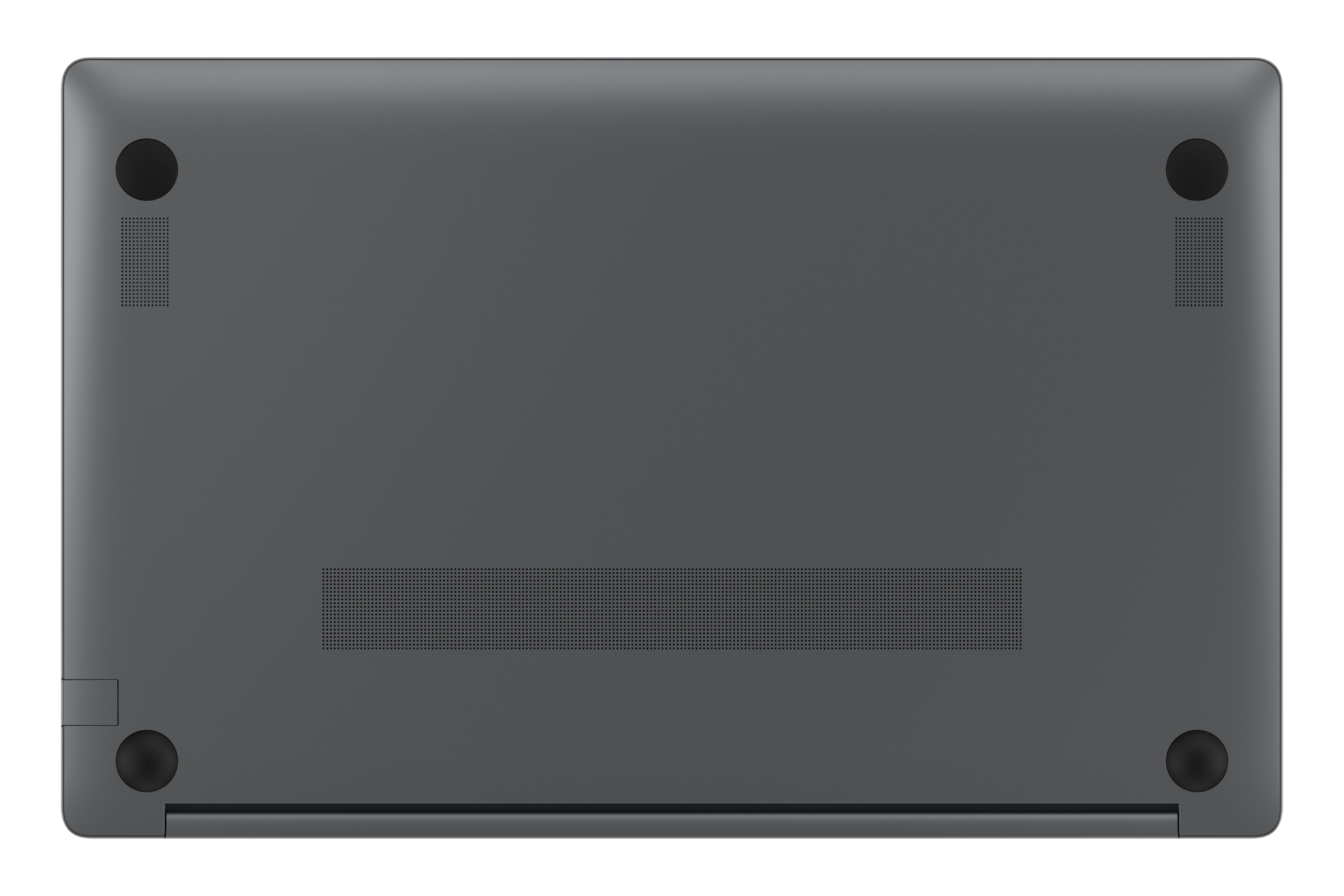 Unterseite eines grauen Laptops mit vier schwarzen Standfüßen und Lüftungsgittern.