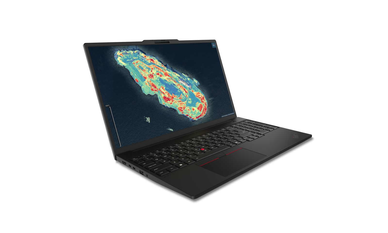 Ein schwarzer Laptop auf weißem Hintergrund zeigt eine farbige Karte auf dem Bildschirm.