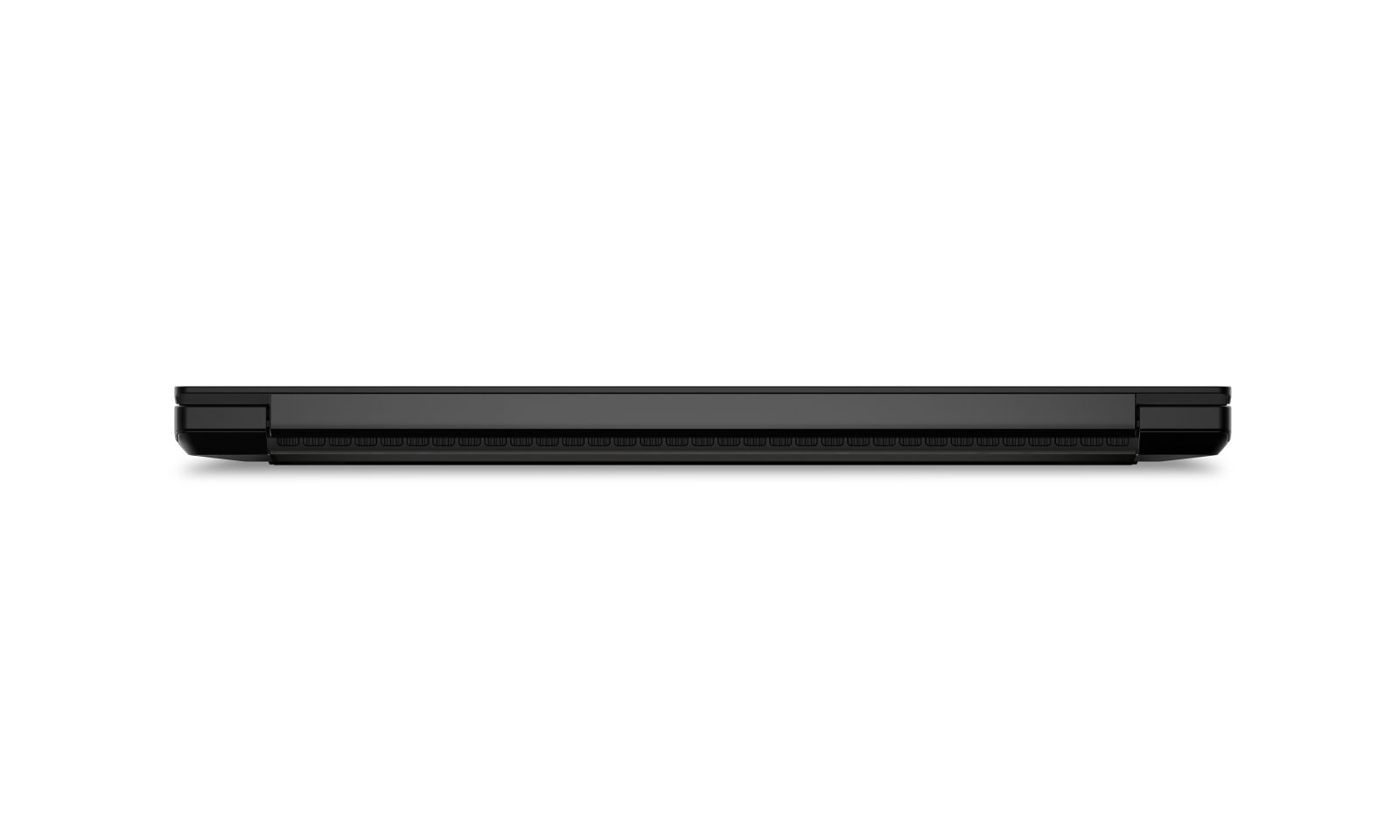 Ein geschlossener schwarzer Laptop von vorne auf weißem Hintergrund gesehen.