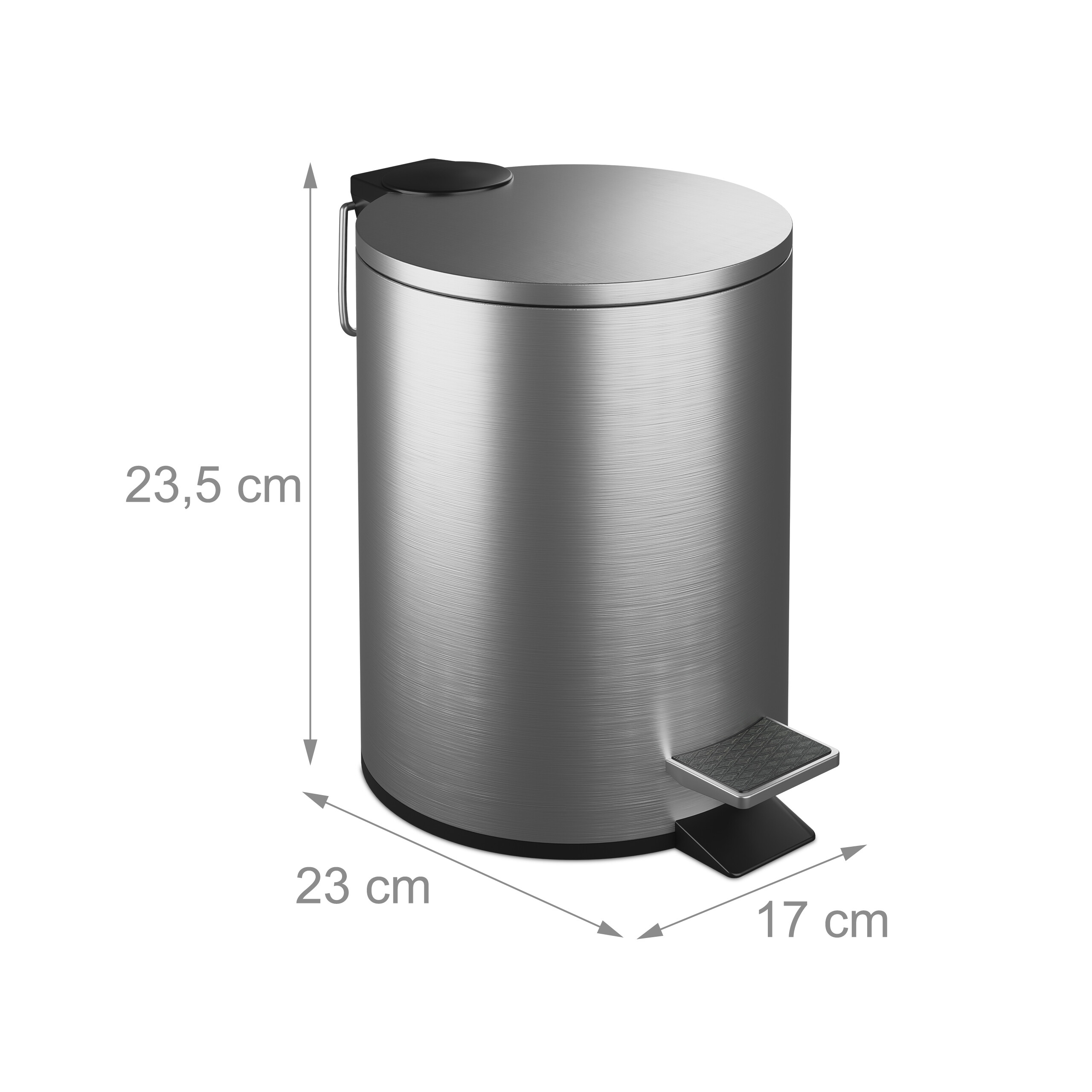 Edelstahl-Treteimer mit Maßen: Höhe 23,5 cm, Breite 23 cm, Tiefe 17 cm.