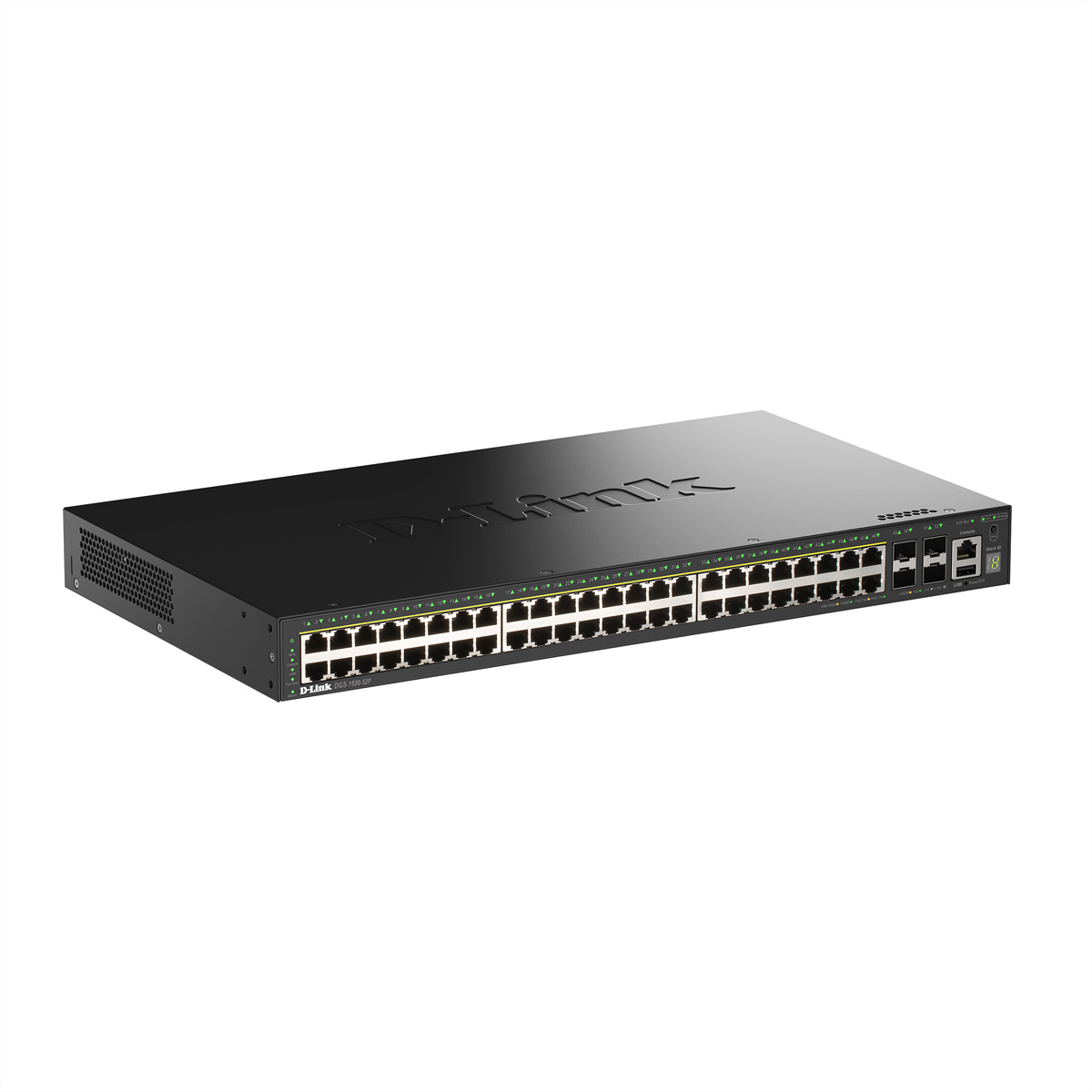 Ein schwarzer D-Link Netzwerk-Switch mit zahlreichen Ethernet-Anschlüssen steht auf weißem Hintergrund.