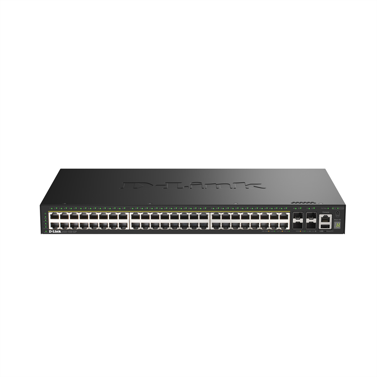 Ein schwarzer D-Link Netzwerkschalter mit zahlreichen Ethernet-Anschlüssen und Status-LEDs auf einer weißen Fläche.