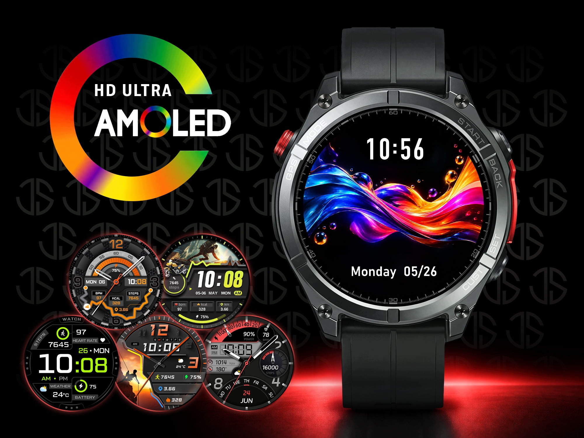 Czarny smartwatch z kolorowym ekranem AMOLED i mniejszymi tarczami na ciemnym tle.