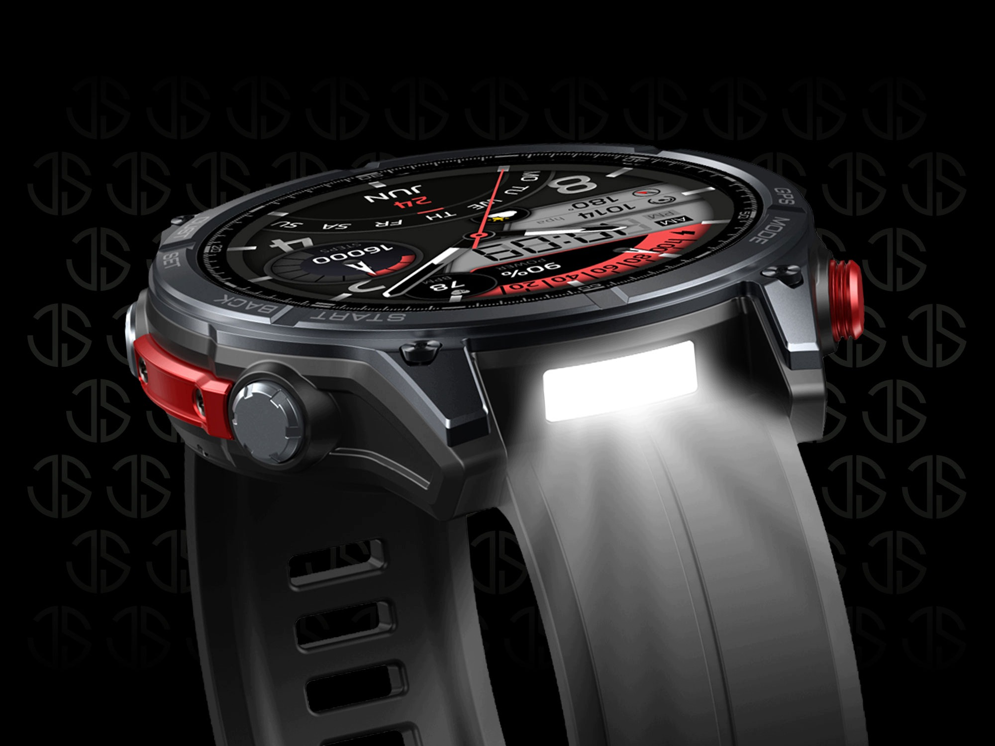 Czarny smartwatch z czerwonym akcentem pokazuje cyfrową tarczę, a wbudowane światło świeci w dół.