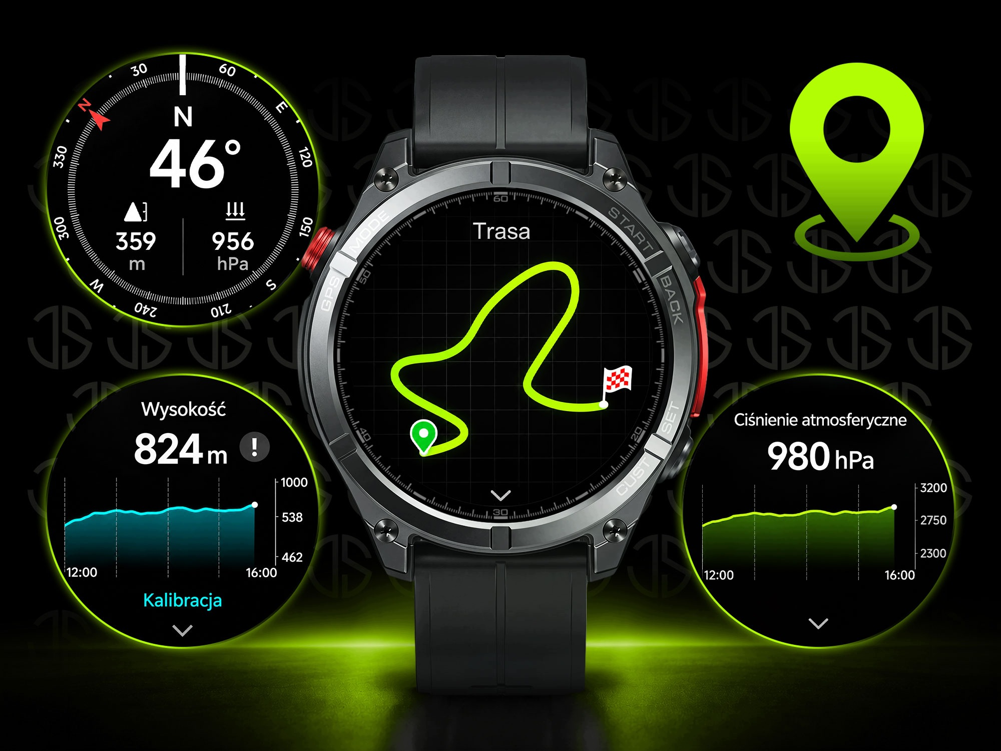 Czarny smartwatch wyświetlający nawigację GPS, kompas i widżety wysokościomierza na ciemnym tle.