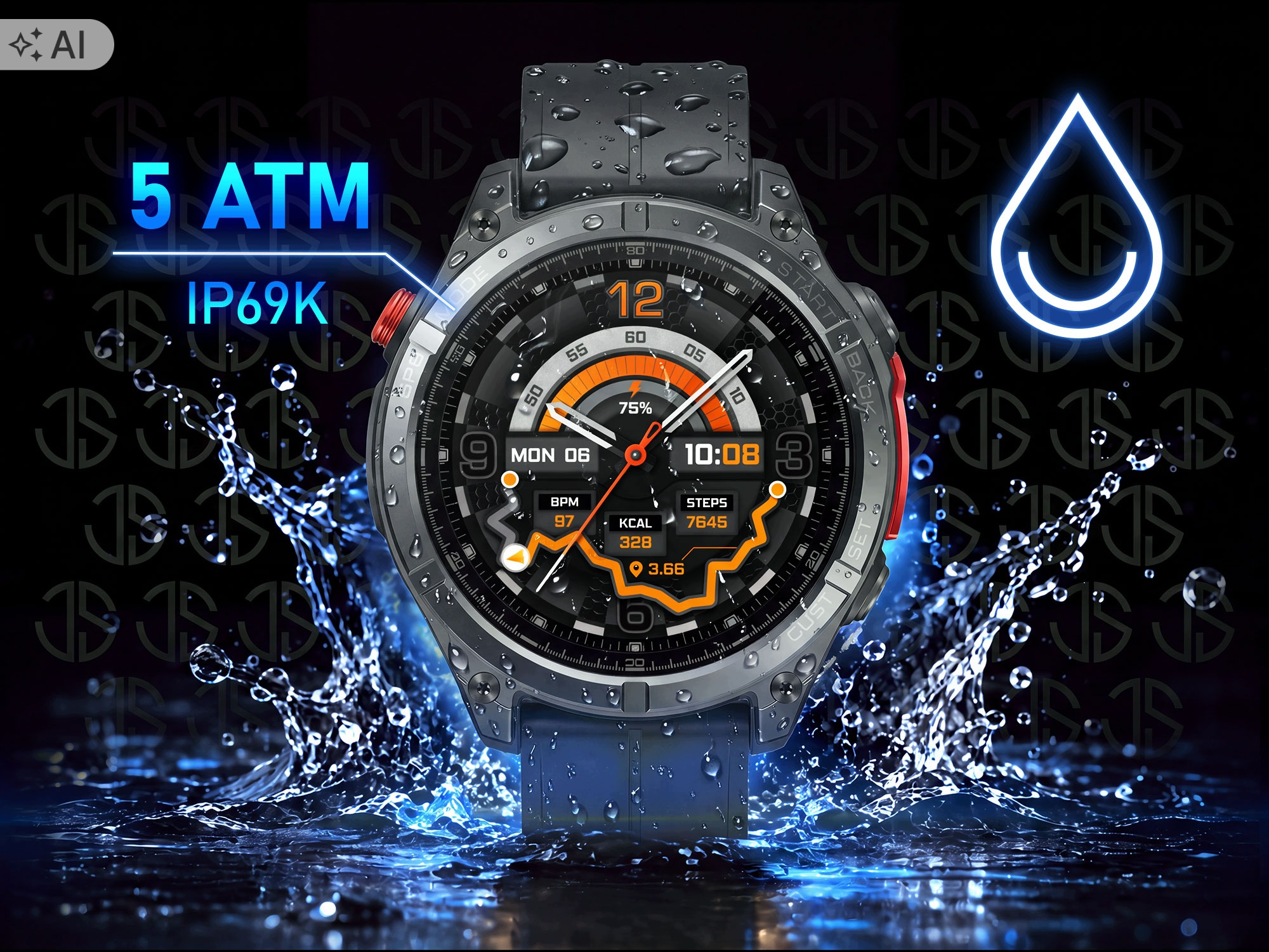 Wodoodporny smartwatch z mokrą powierzchnią i rozpryskami wody na ciemnym tle.
