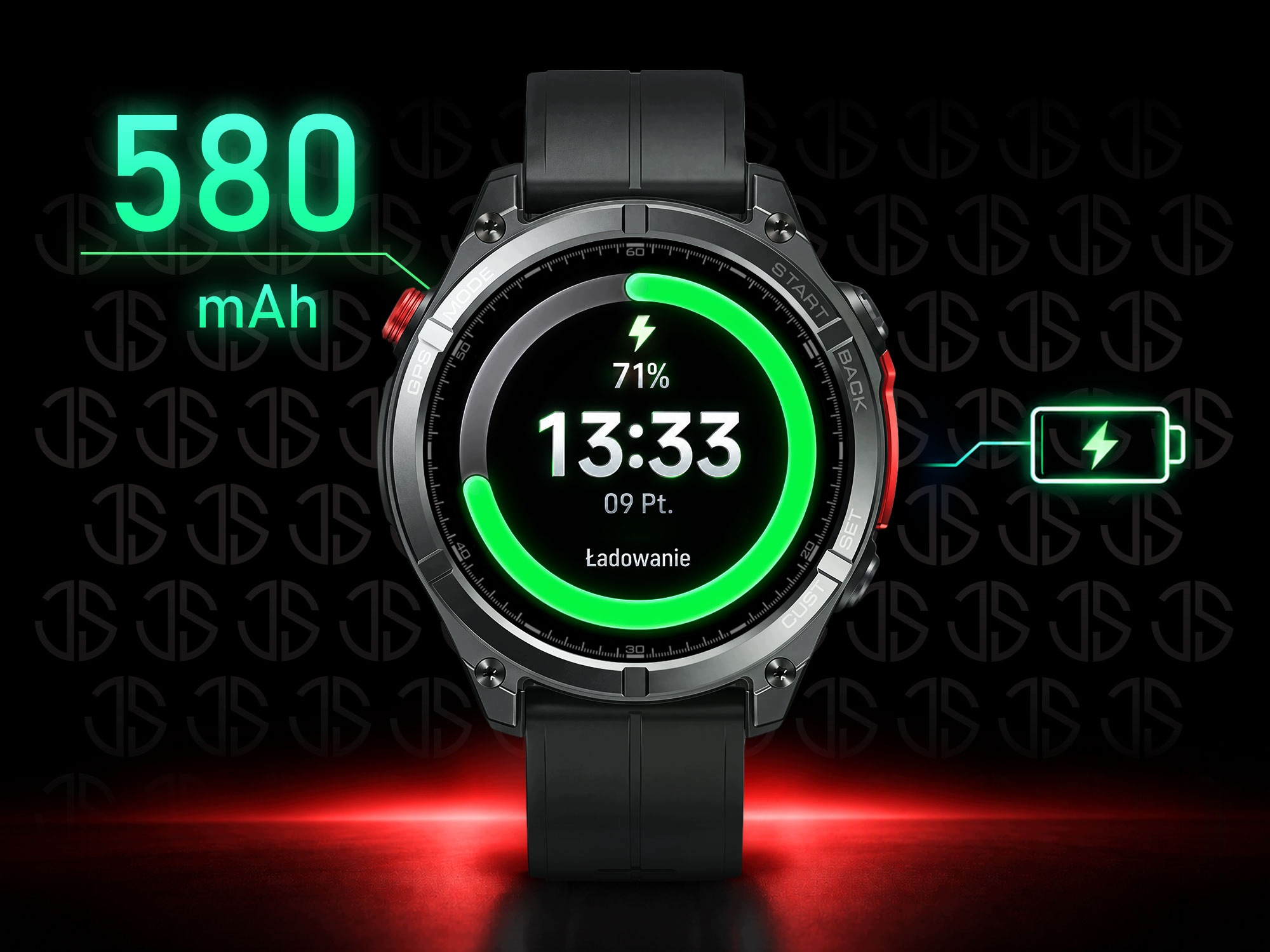 Czarny smartwatch z zielonym ekranem ładowania, pojemnością 580 mAh i baterią 71%.