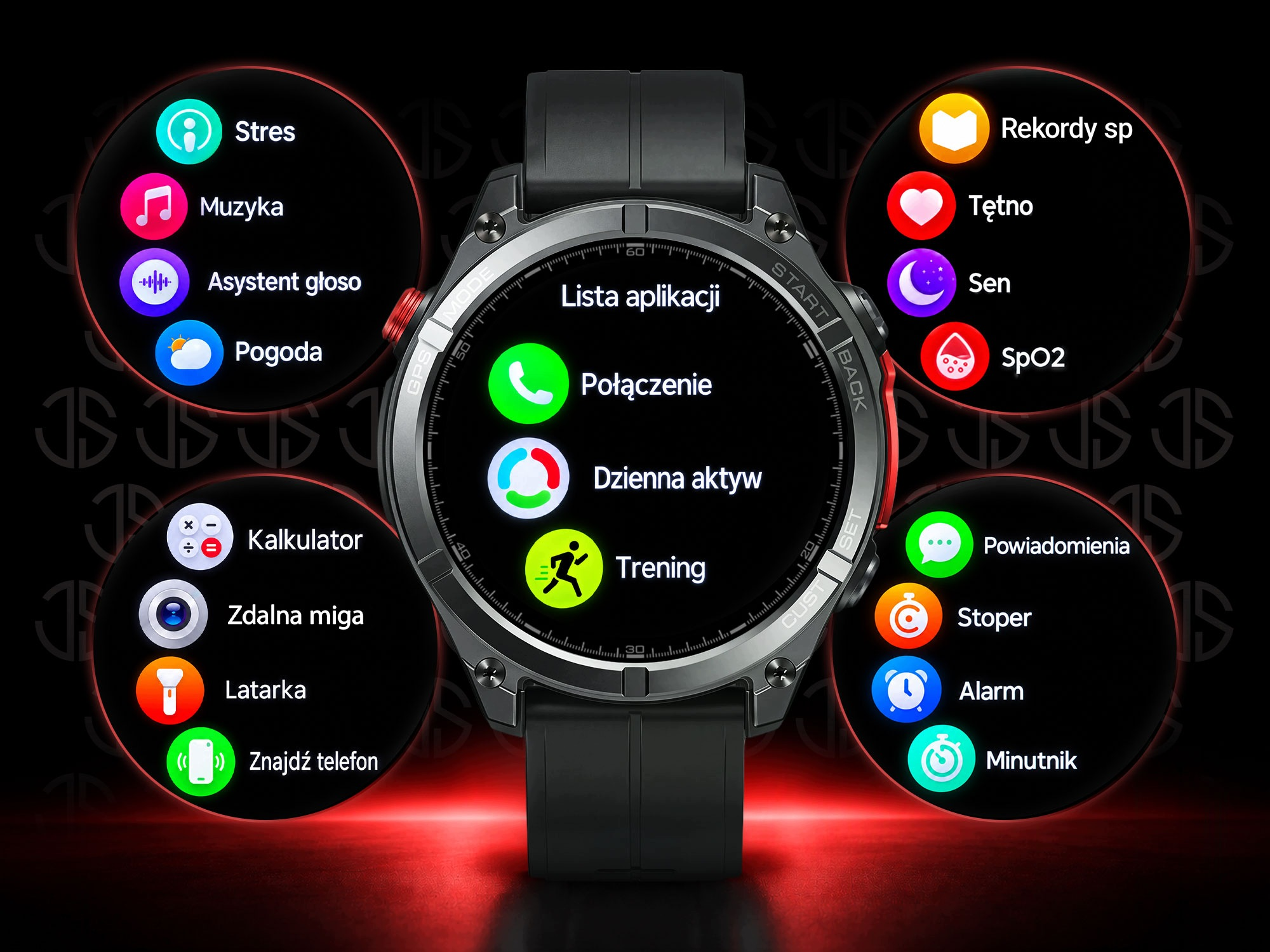 Czarny smartwatch wyświetlający okrągłe menu aplikacji na ekranie.