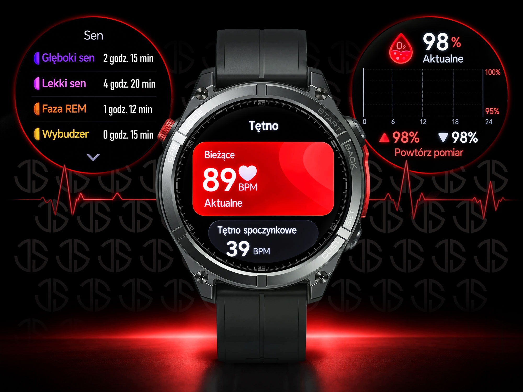 Smartwatch wyświetla tętno, fazy snu oraz poziom tlenu na ekranie.