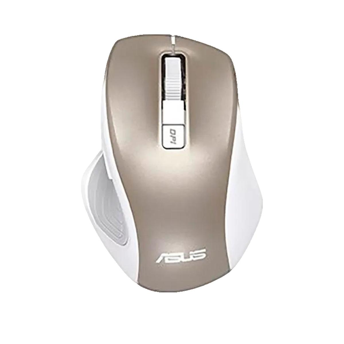 Un mouse per computer wireless beige e bianco con rotella di scorrimento e logo ASUS su sfondo bianco.