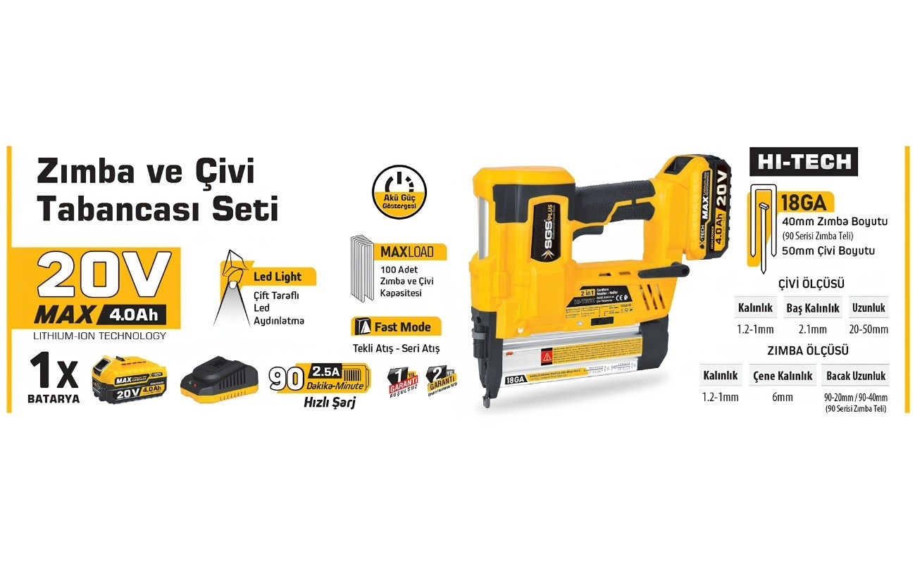 SGS 5165 Profesyonel Kablosuz 20V 4.0 Ah Akülü Zımba ve Çivi Tabancası Seti