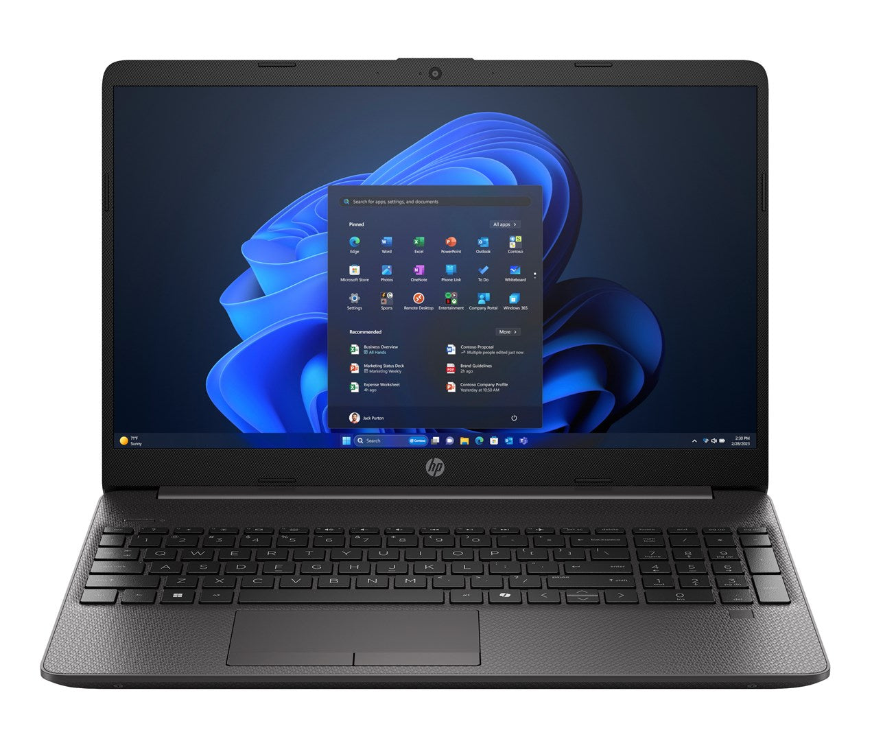 Otwarty czarny laptop HP wyświetla pulpit systemu Windows 11 z otwartym menu Start.