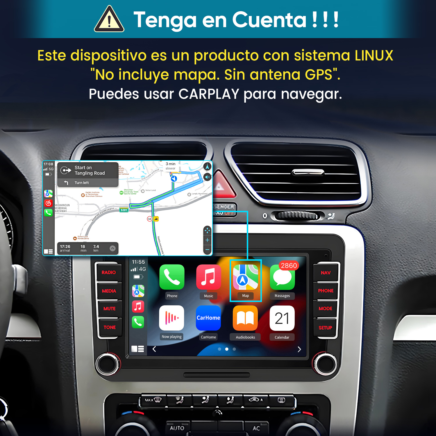 Pantalla de coche Linux con mapa CarPlay y advertencia en español de que no incluye mapa ni antena GPS.