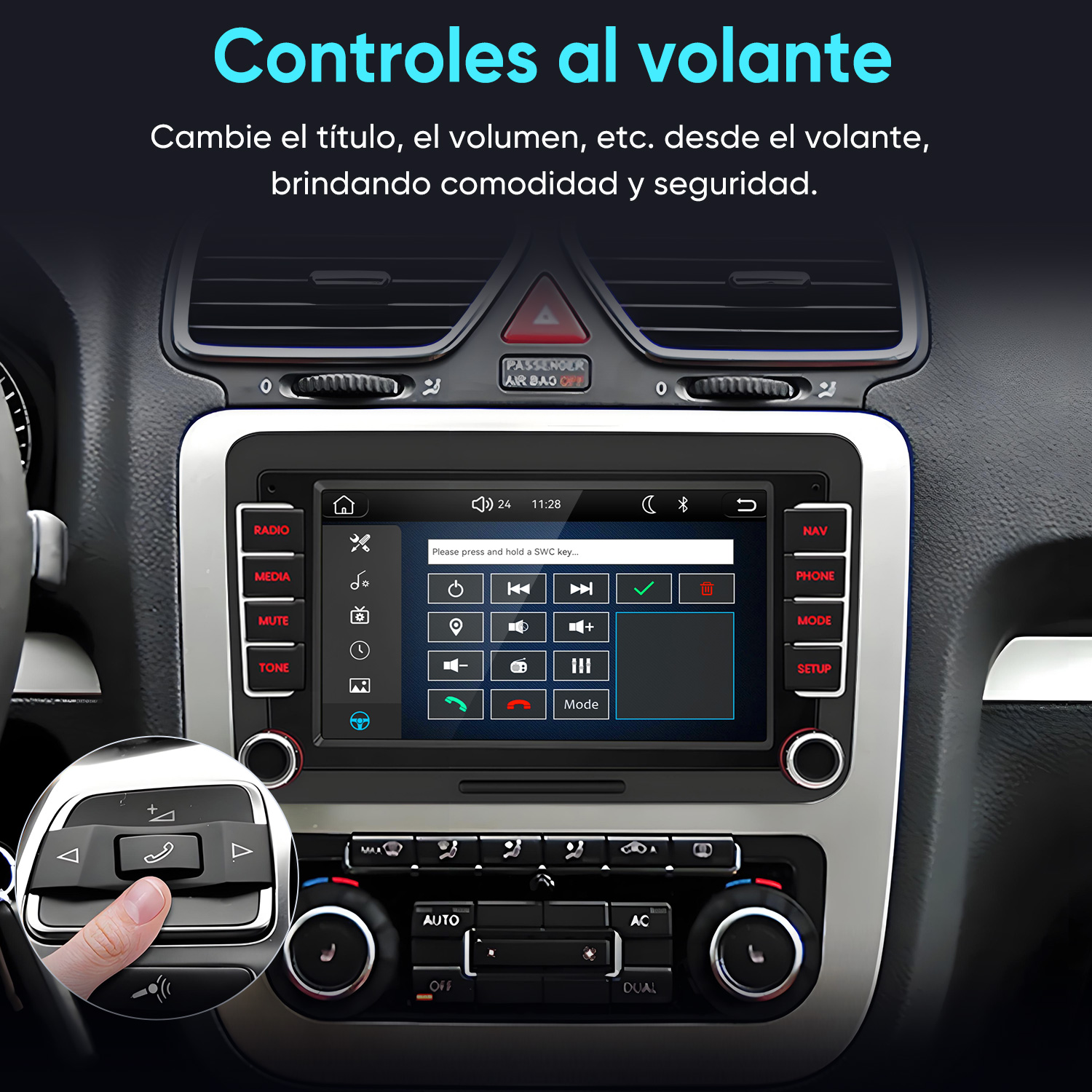 Tablero de auto que muestra pantalla táctil multimedia con controles al volante.