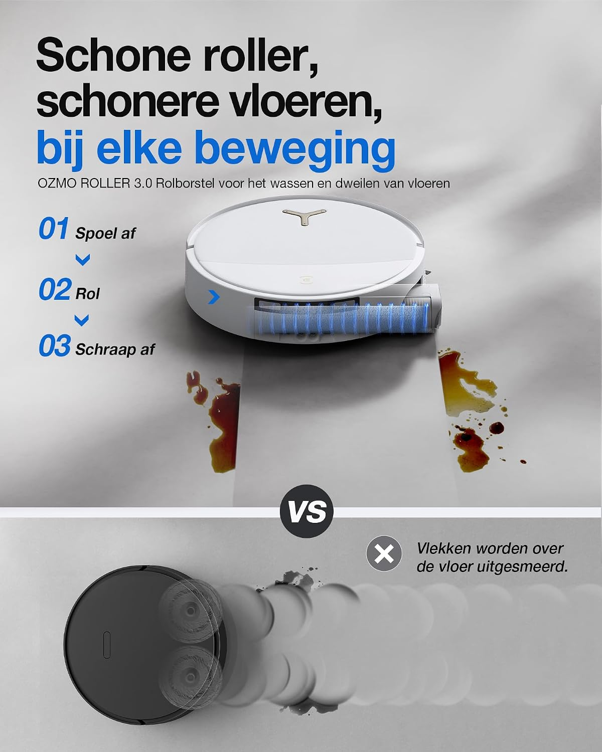 Vergelijking van een roller dweilrobot en een standaard robotstofzuiger.