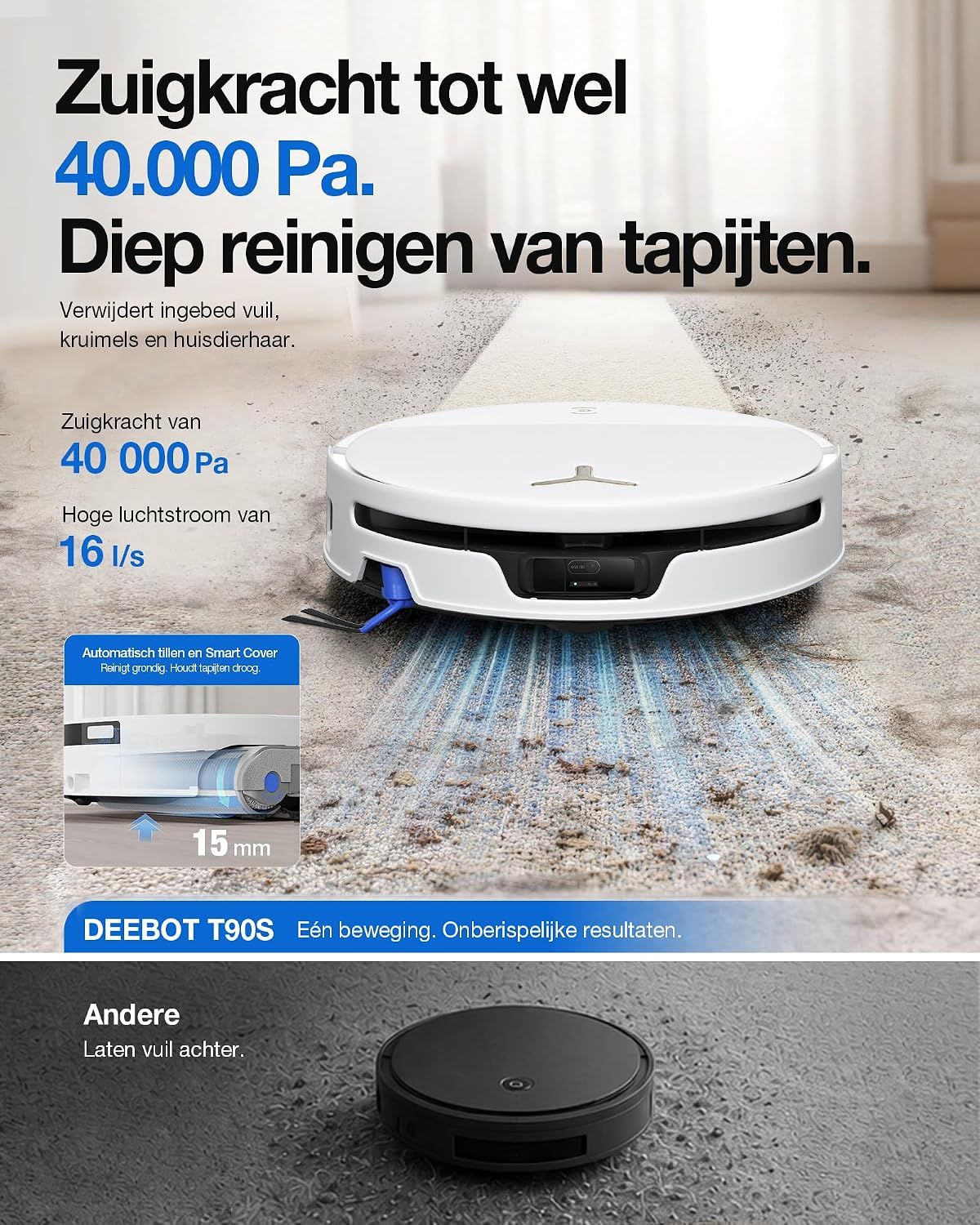 Een witte robotstofzuiger reinigt een tapijt diep, terwijl een zwarte robot vuil achterlaat.