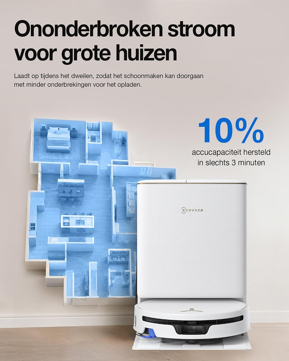Een wit Ecovacs laadstation met robotstofzuiger en blauwe 3D-plattegrond op de achtergrond.
