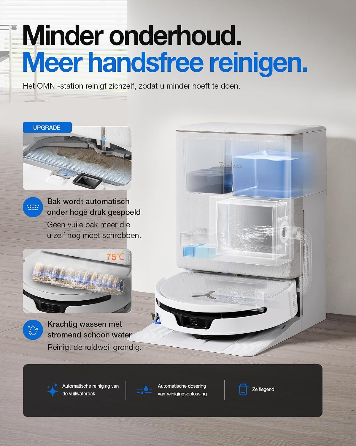 Promotiebeeld van een witte robotstofzuiger met OMNI-station dat zichzelf reinigt en bijvult.