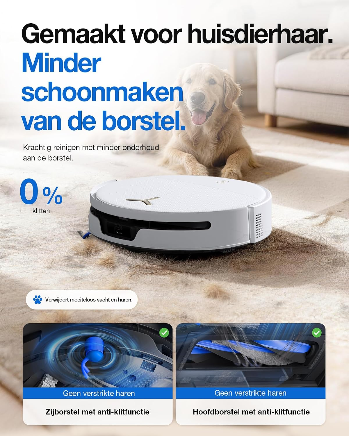 Een witte robotstofzuiger op een vloerkleed met een golden retriever op de achtergrond en productkenmerken.