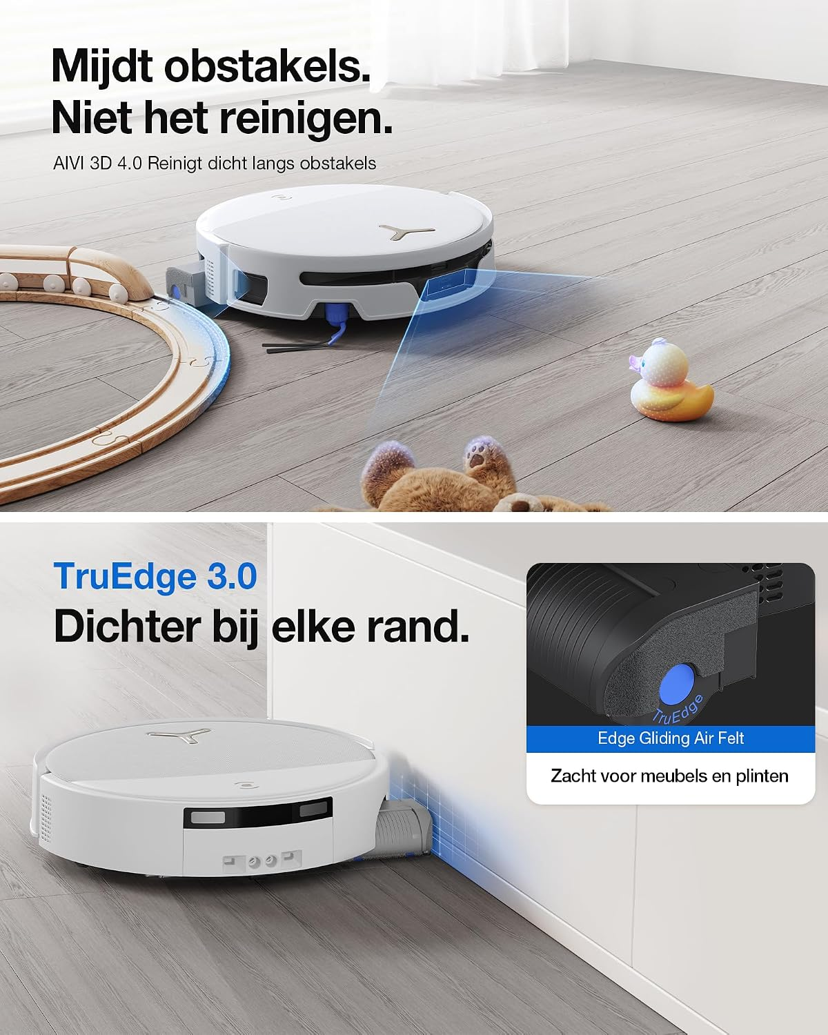 Robotstofzuiger ontwijkt obstakels en reinigt dicht langs randen op een houten vloer.