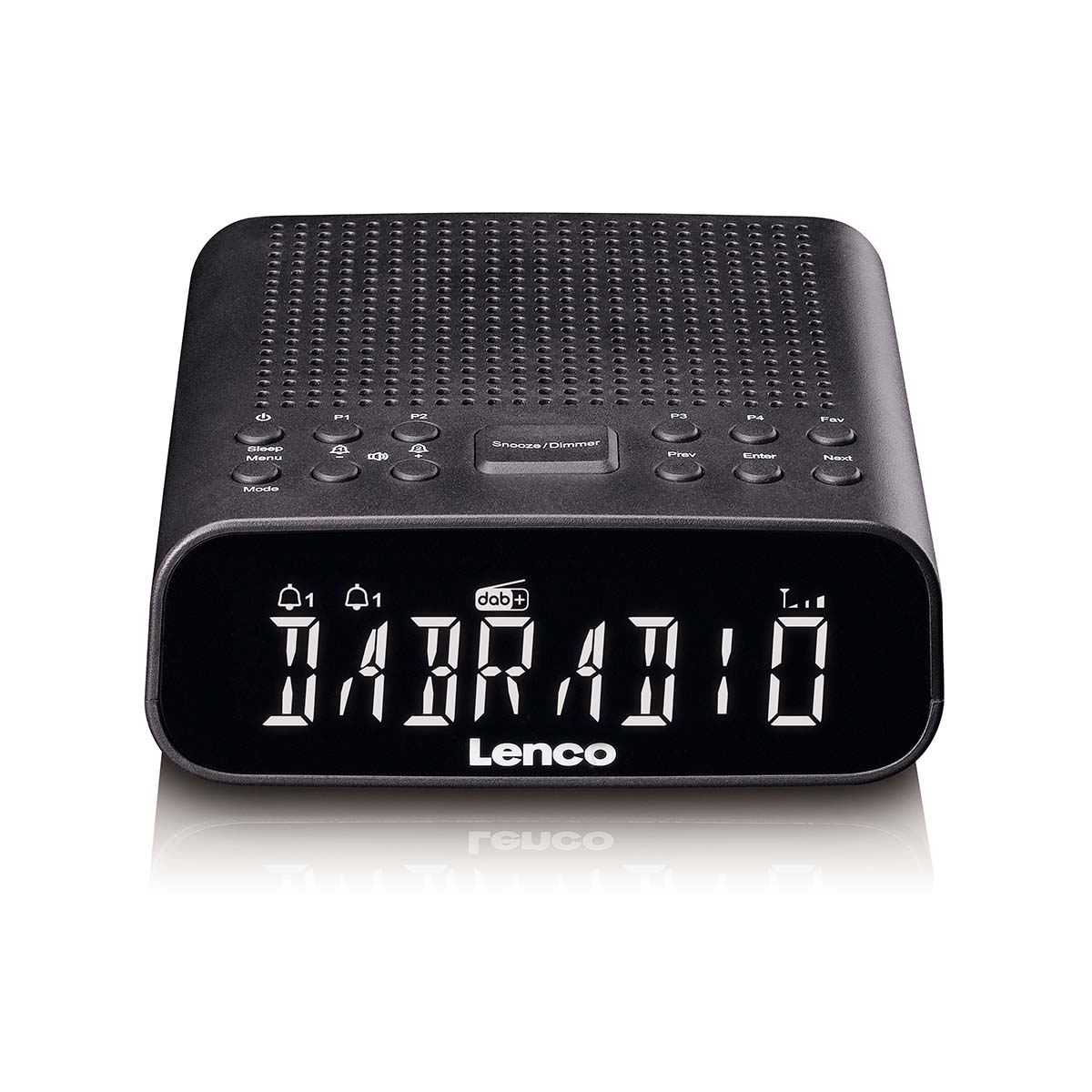 Schwarzes Lenco DAB-Radio mit digitalen Tasten und weißem Display auf weißem Hintergrund.