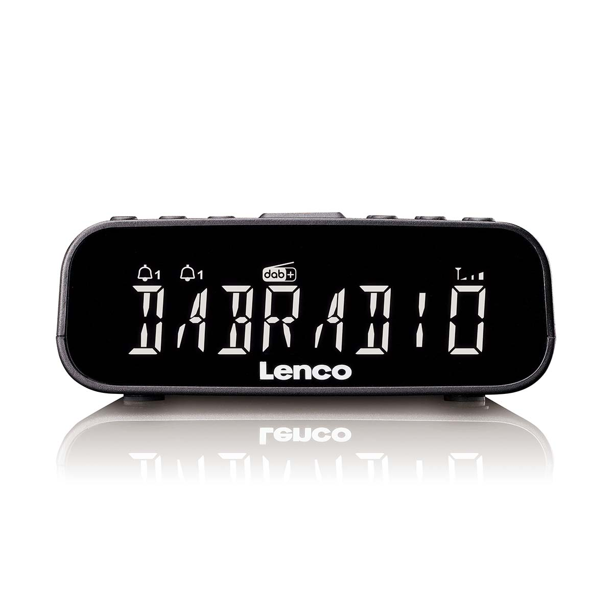 Ein schwarzes digitales Lenco DAB-Radio mit einer weißen LED-Anzeige vor weißem Hintergrund.