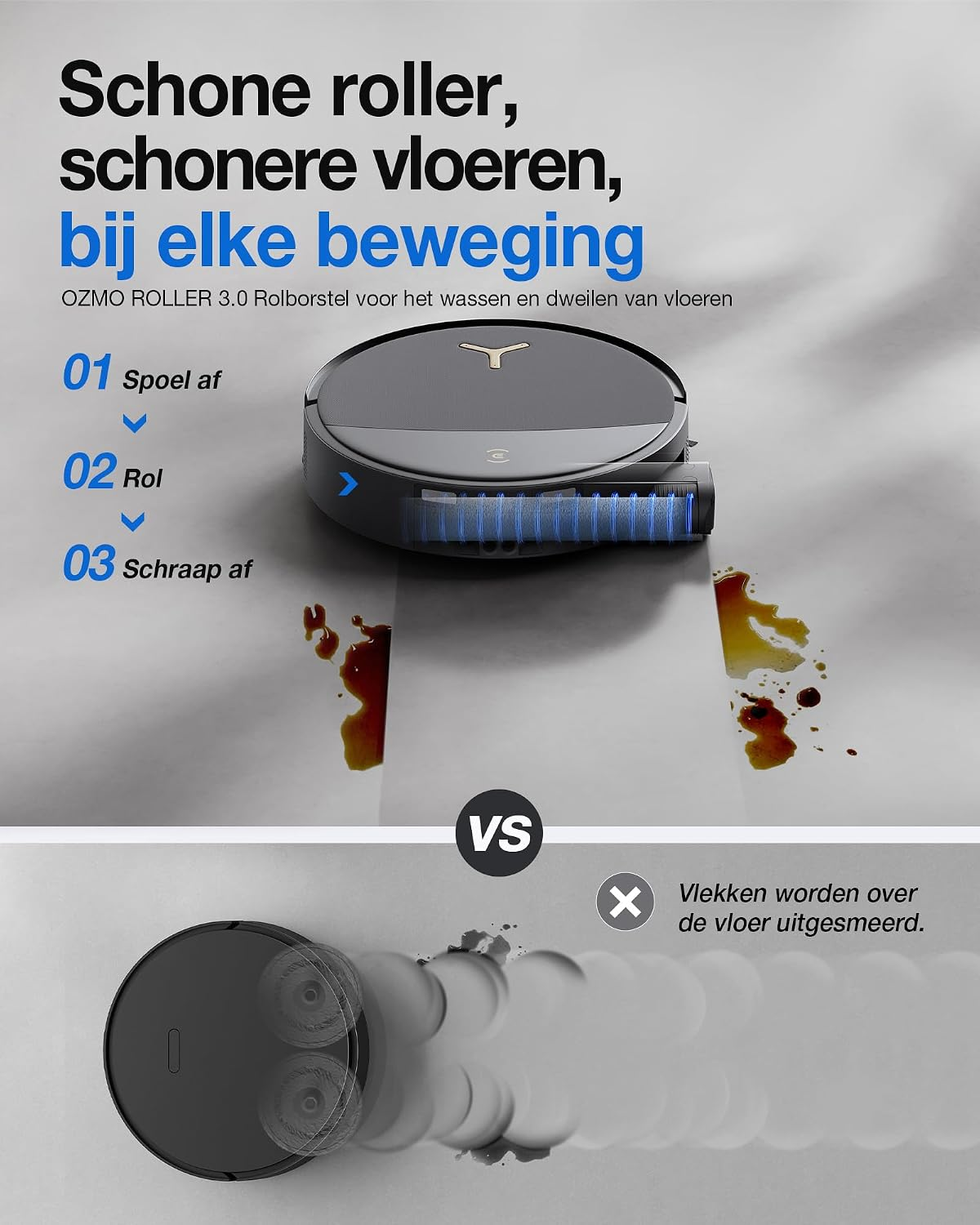 Vergelijking van twee robotstofzuigers: een rolmop maakt schoon, terwijl een traditionele mop vlekken uitsmeert.
