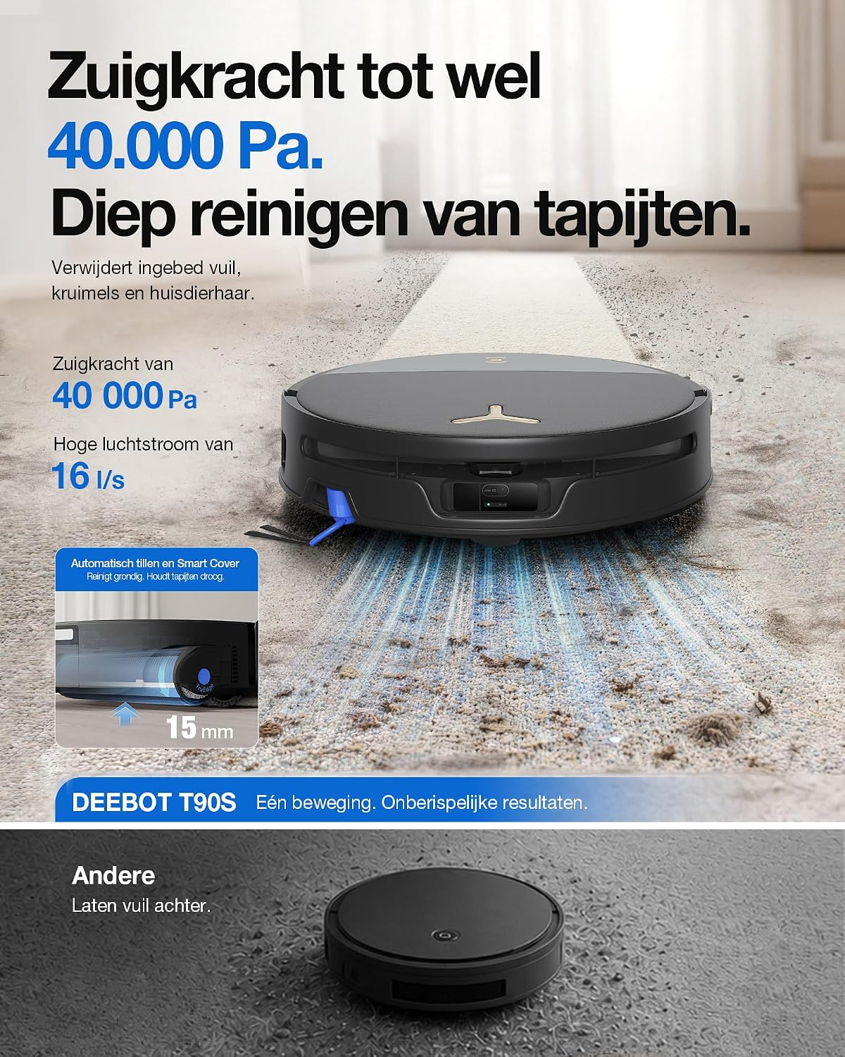 Een zwarte robotstofzuiger reinigt grondig een tapijt, met tekst en specificaties in het Nederlands.