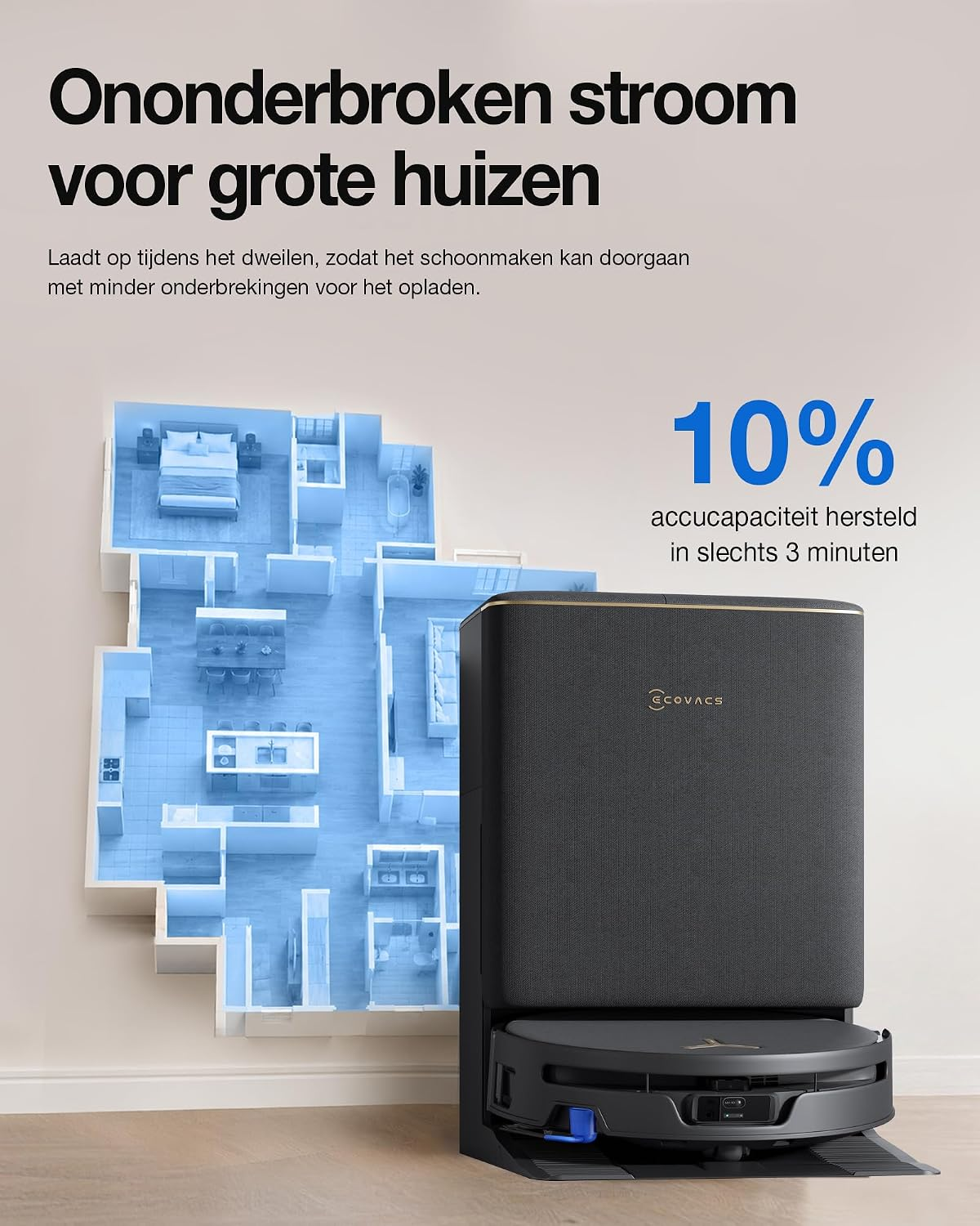 Robotstofzuiger in oplaadstation voor een blauwe 3D plattegrond.
