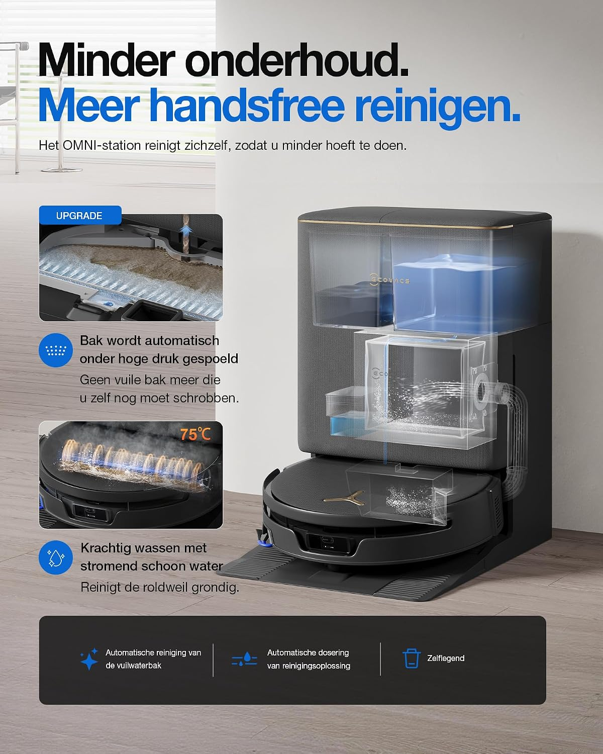 Diagram toont het zelfreinigende OMNI-station voor robotstofzuigers.