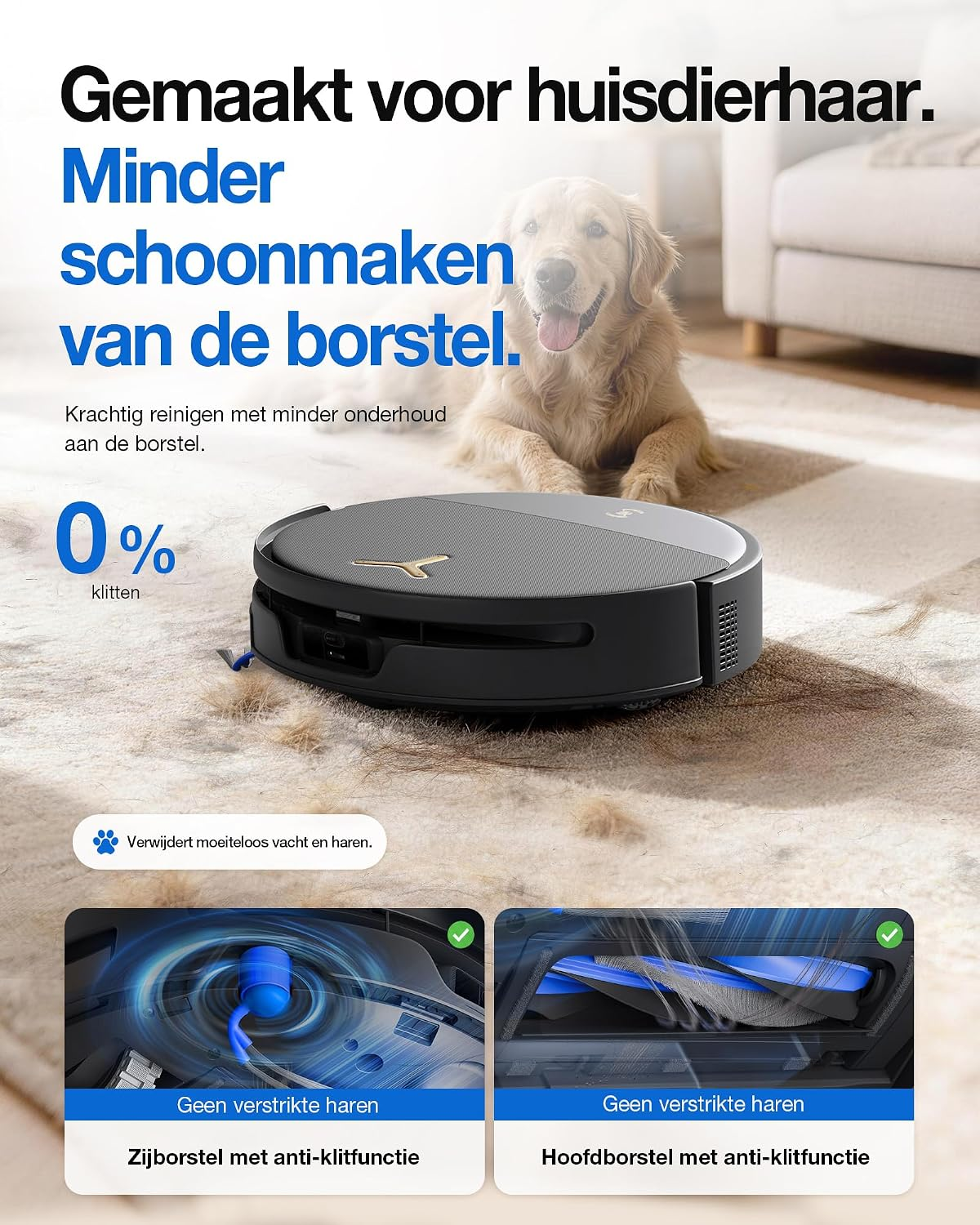 Een zwarte robotstofzuiger op een vloerkleed bij een golden retriever, met tekst en twee detailfoto's.