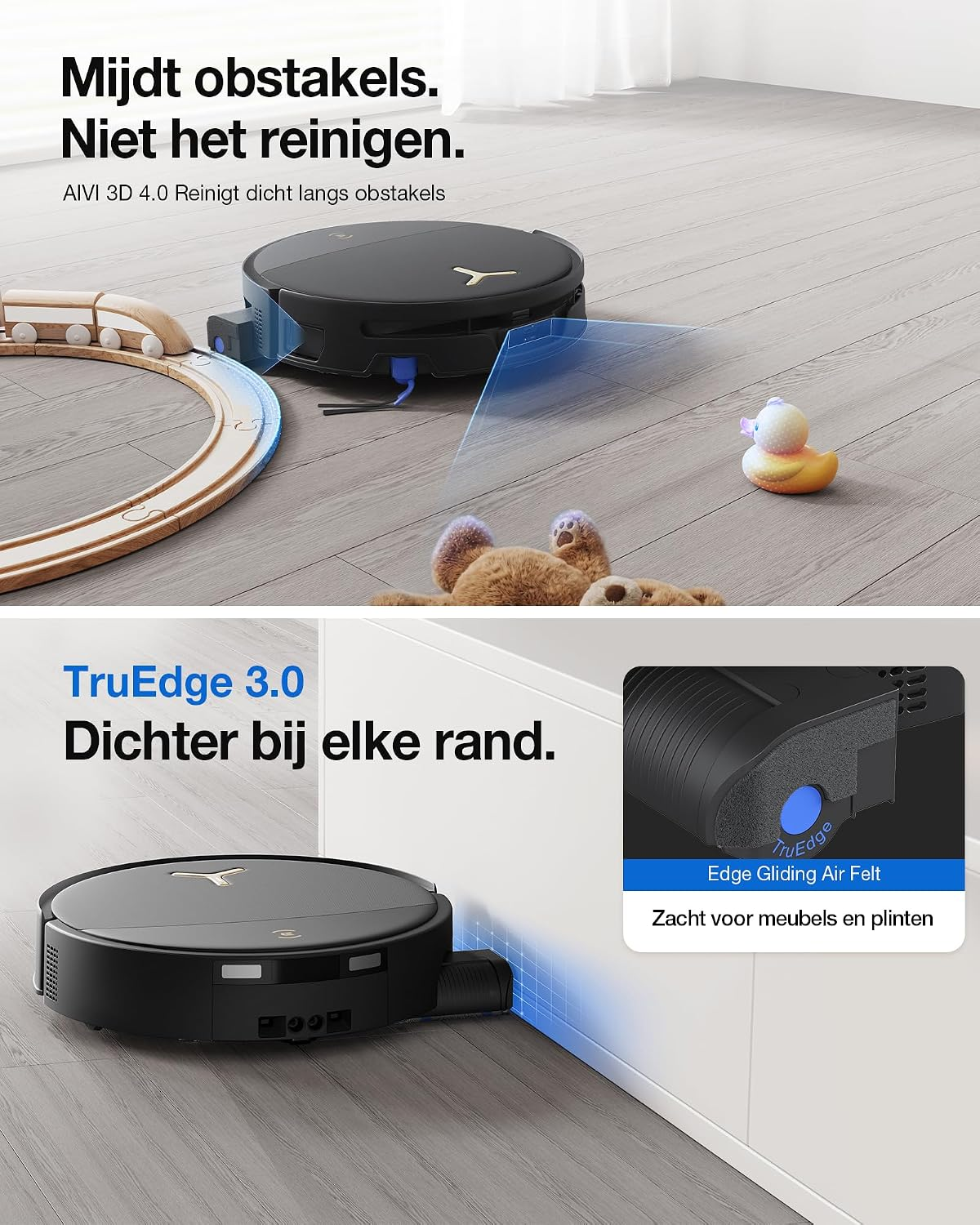 Een zwarte robotstofzuiger reinigt nauwkeurig rond obstakels op een houten vloer.