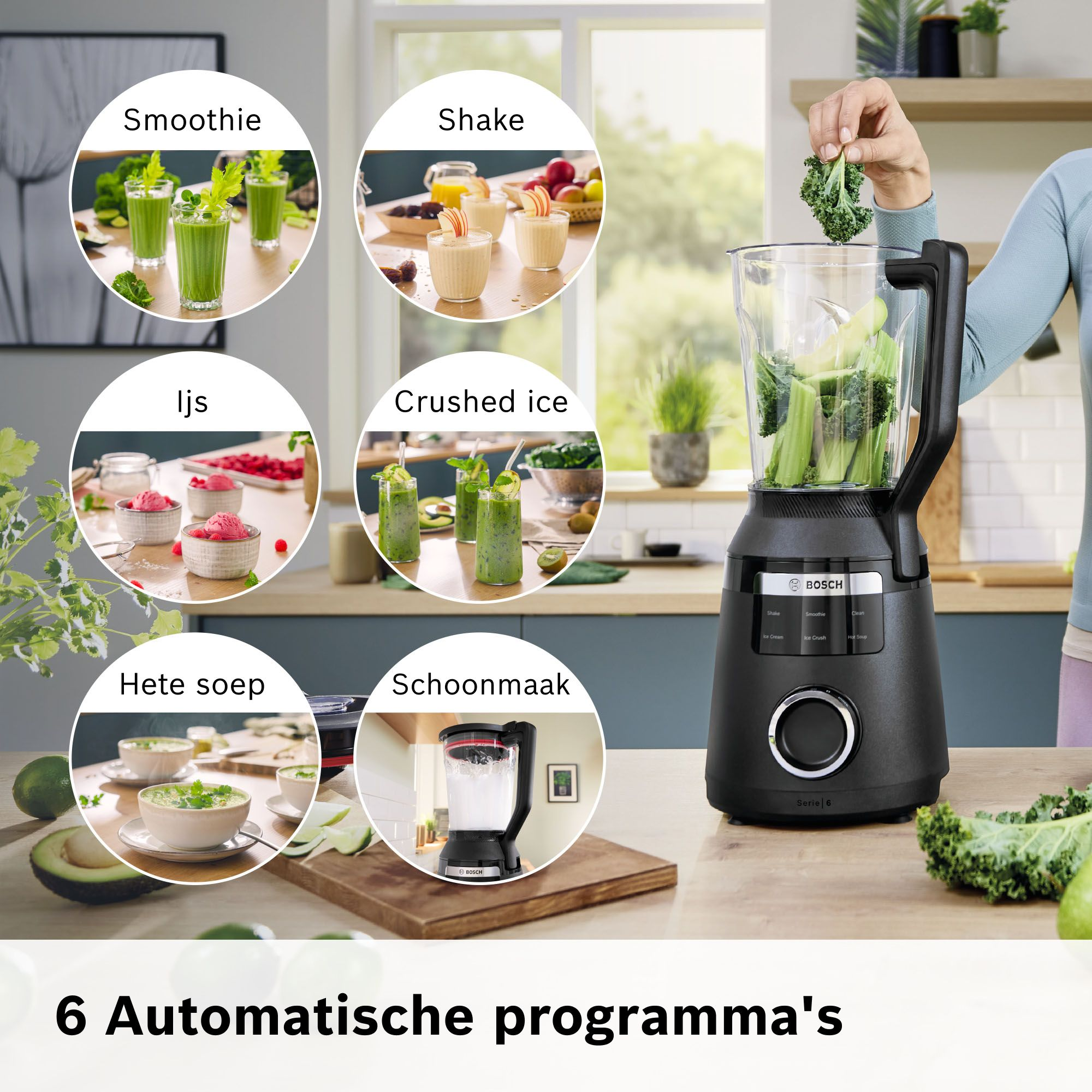 Een Bosch blender op een aanrecht met zes cirkelvormige insets die functies tonen zoals smoothies en soep.