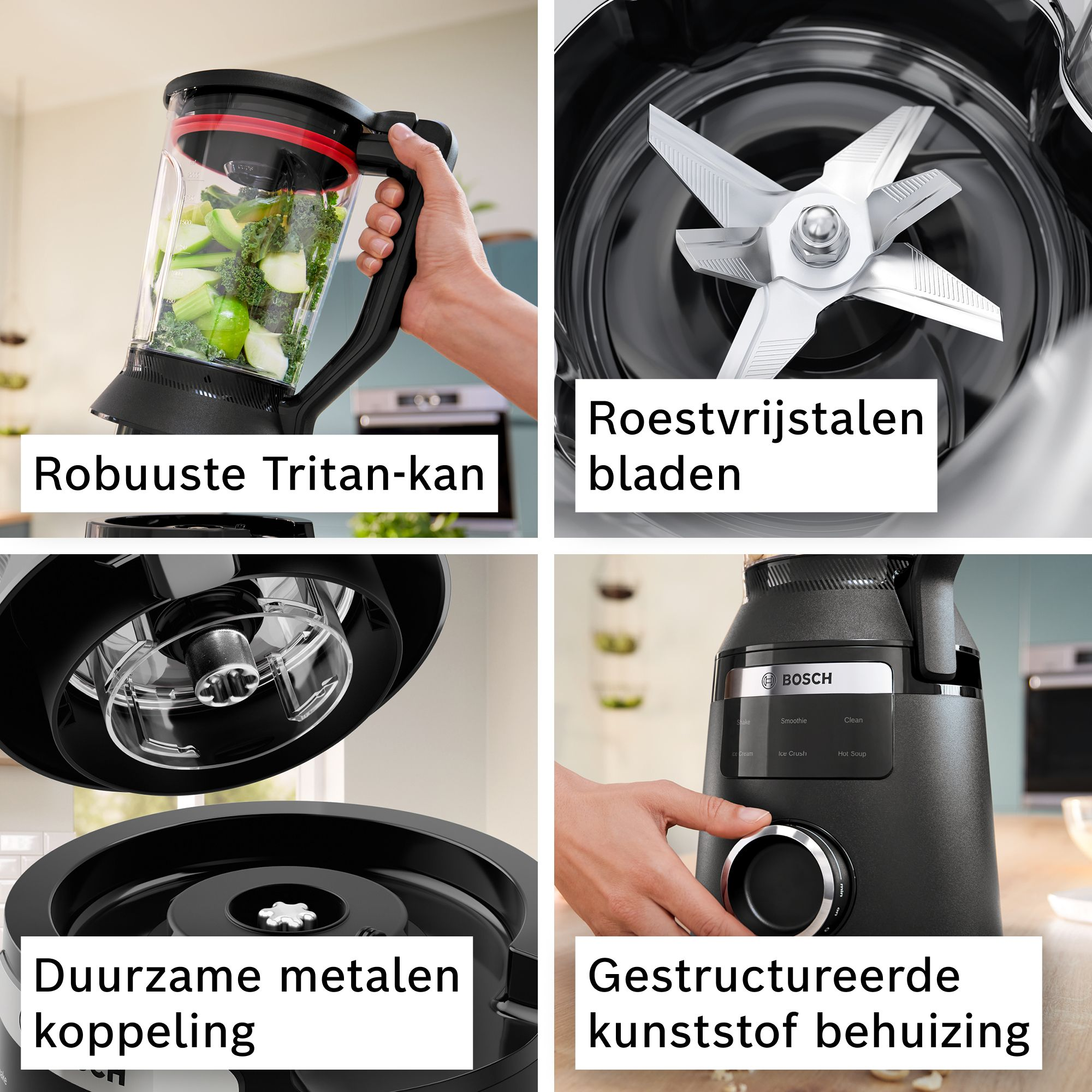 Vier afbeeldingen tonen details van een Bosch blender: Tritan kan, RVS messen, metalen koppeling en behuizing.