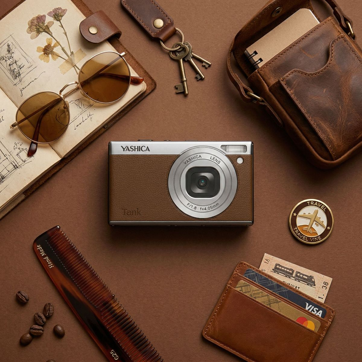 Eine braune Yashica-Kamera, Sonnenbrille, Schlüssel, Tasche, Kamm, Kartenetui und Kaffeebohnen auf braunem Untergrund.