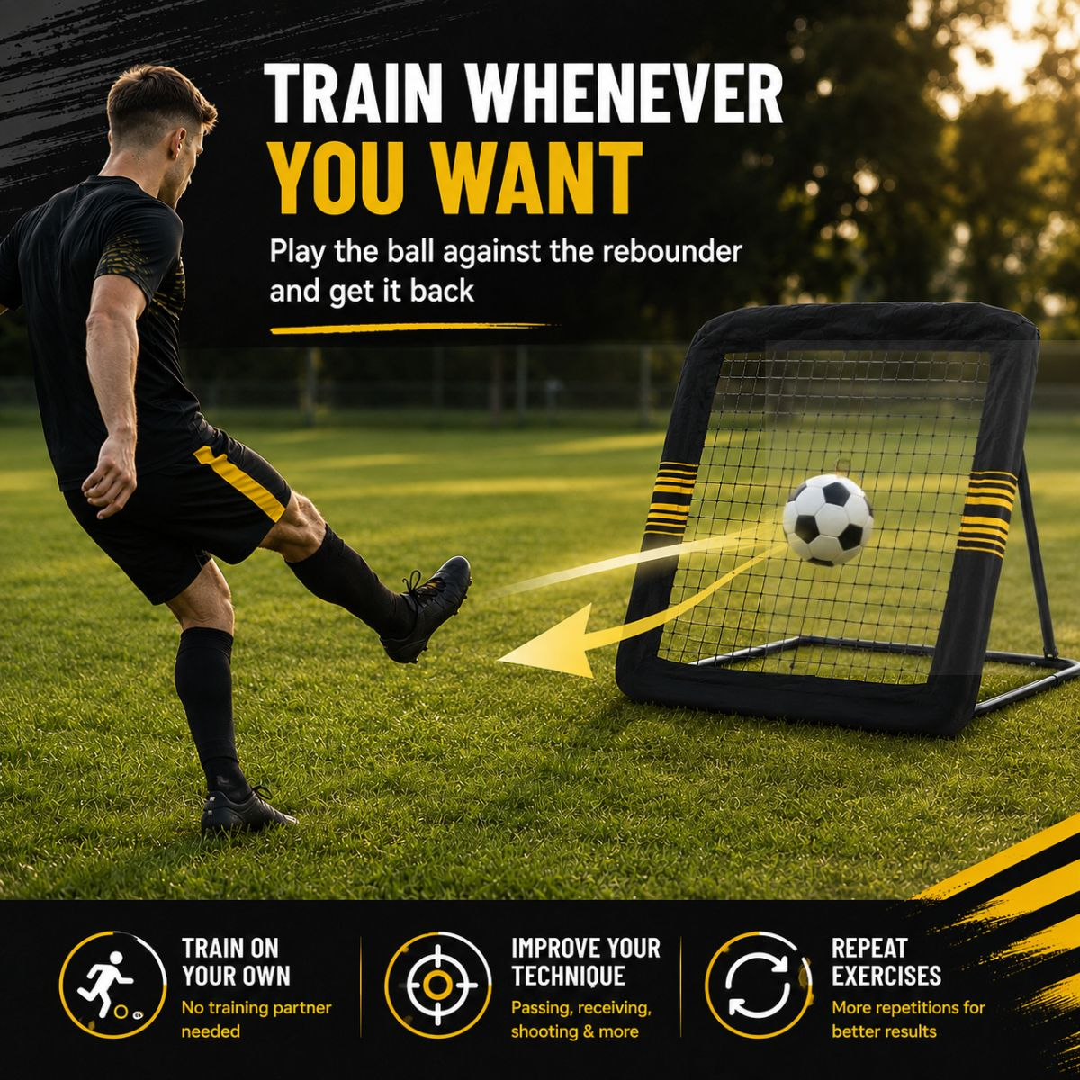 Un joueur de football tire dans un ballon vers un filet de rebond sur un terrain en herbe.