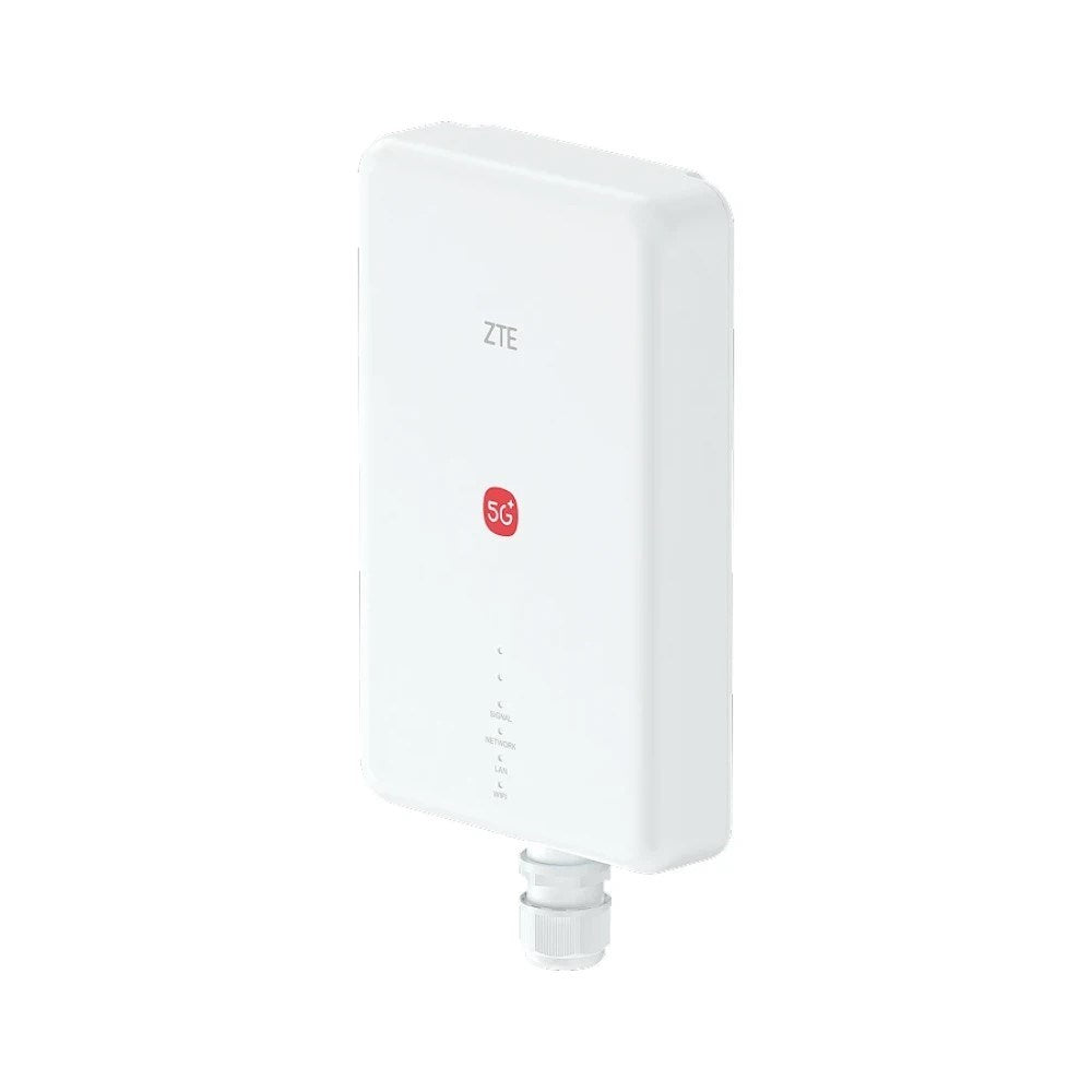 Biały router ZTE 5G z czerwonym logo i dławikiem kablowym.
