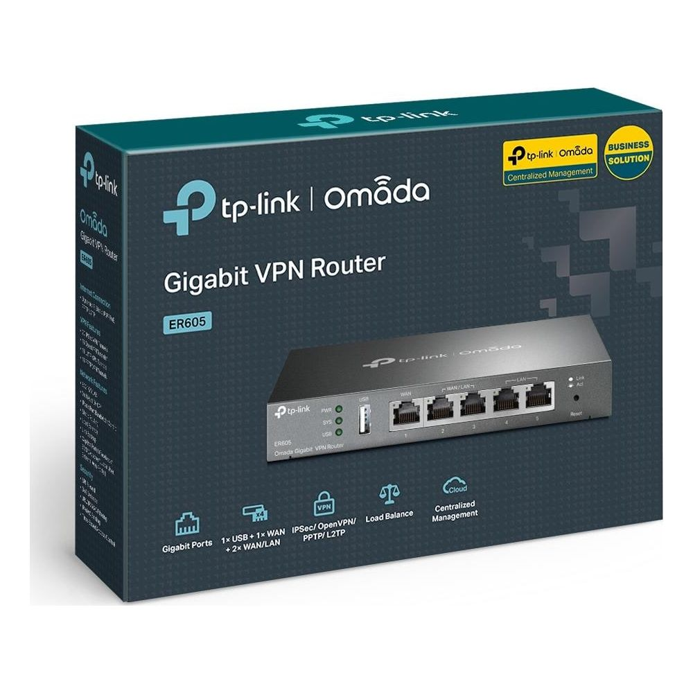 Router VPN Gigabit TP-Link Omada ER605 pokazany w opakowaniu na białym tle.