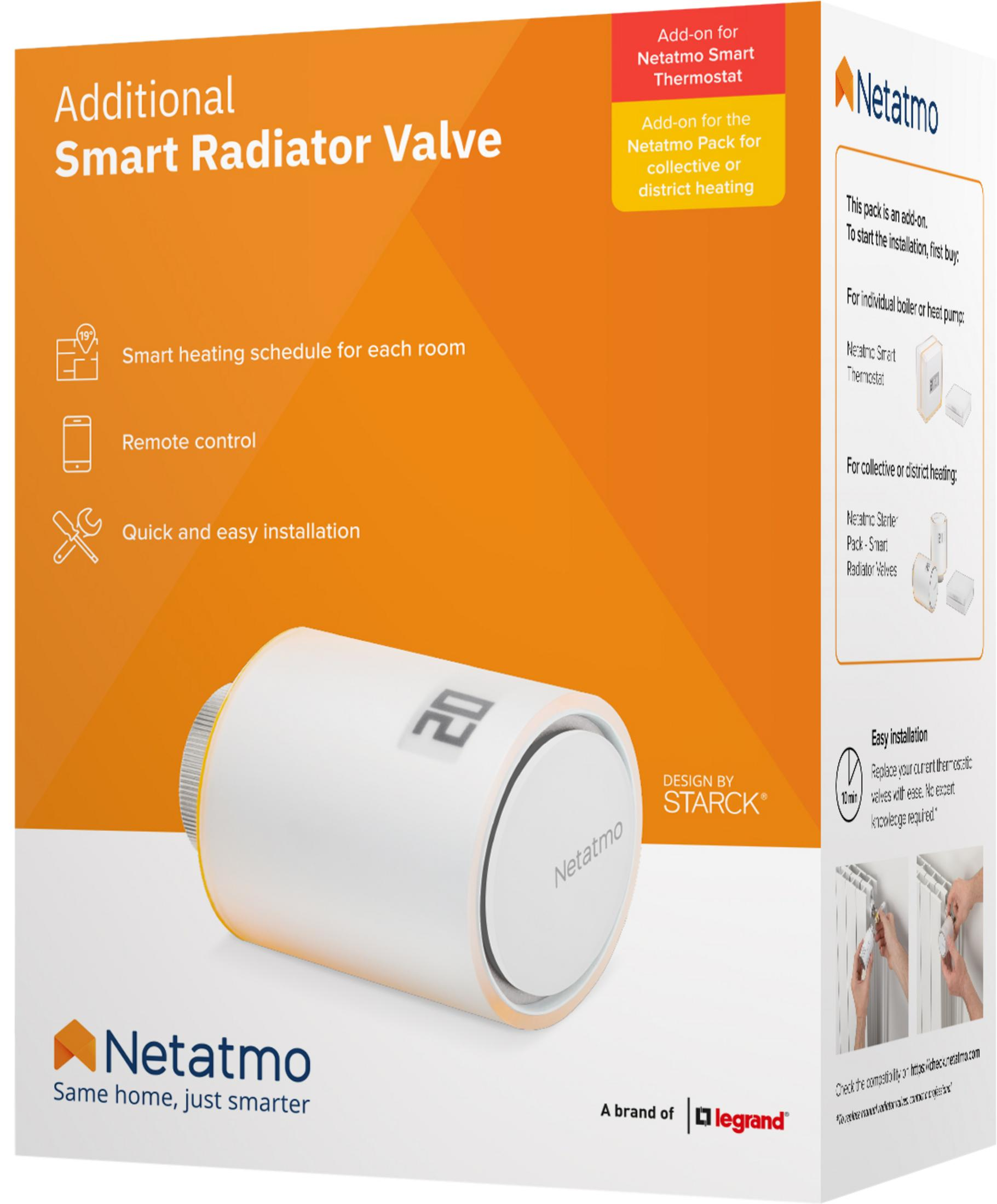 Productverpakking voor een extra slimme radiatorthermostaat van Netatmo in wit en oranje.