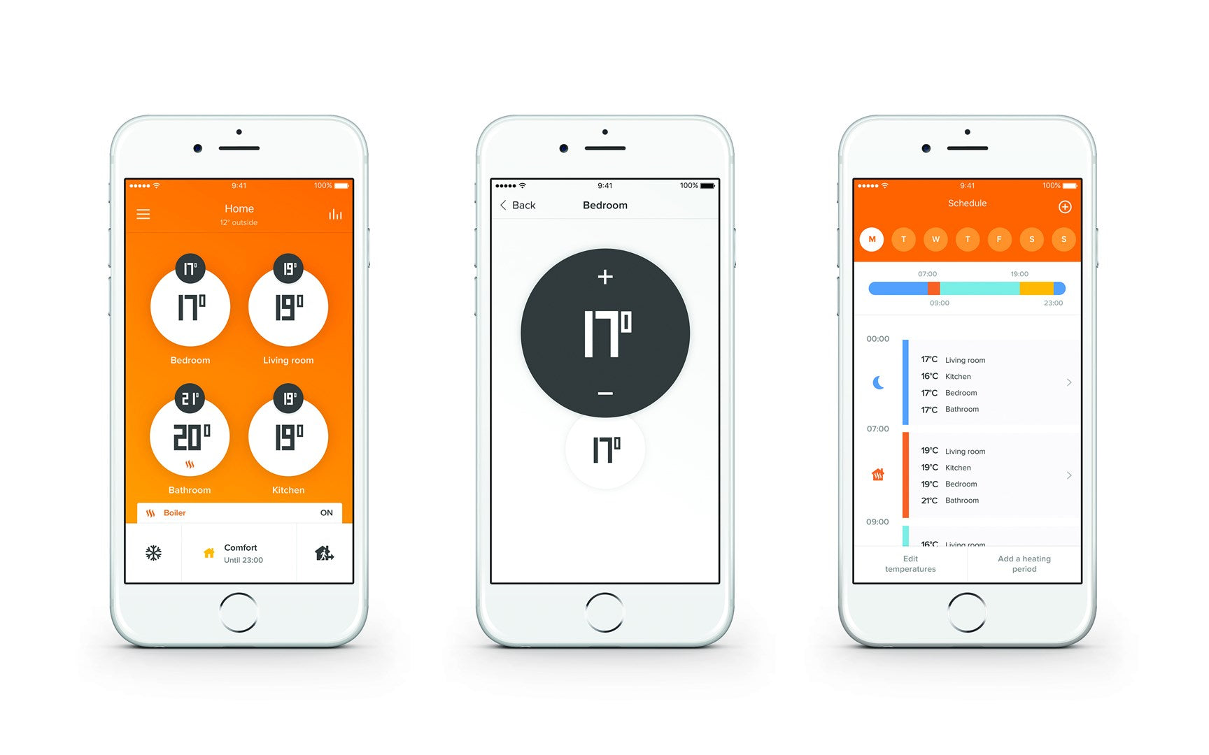 Drie smartphones tonen de interface van een huisautomatisering-app voor temperatuurregeling.