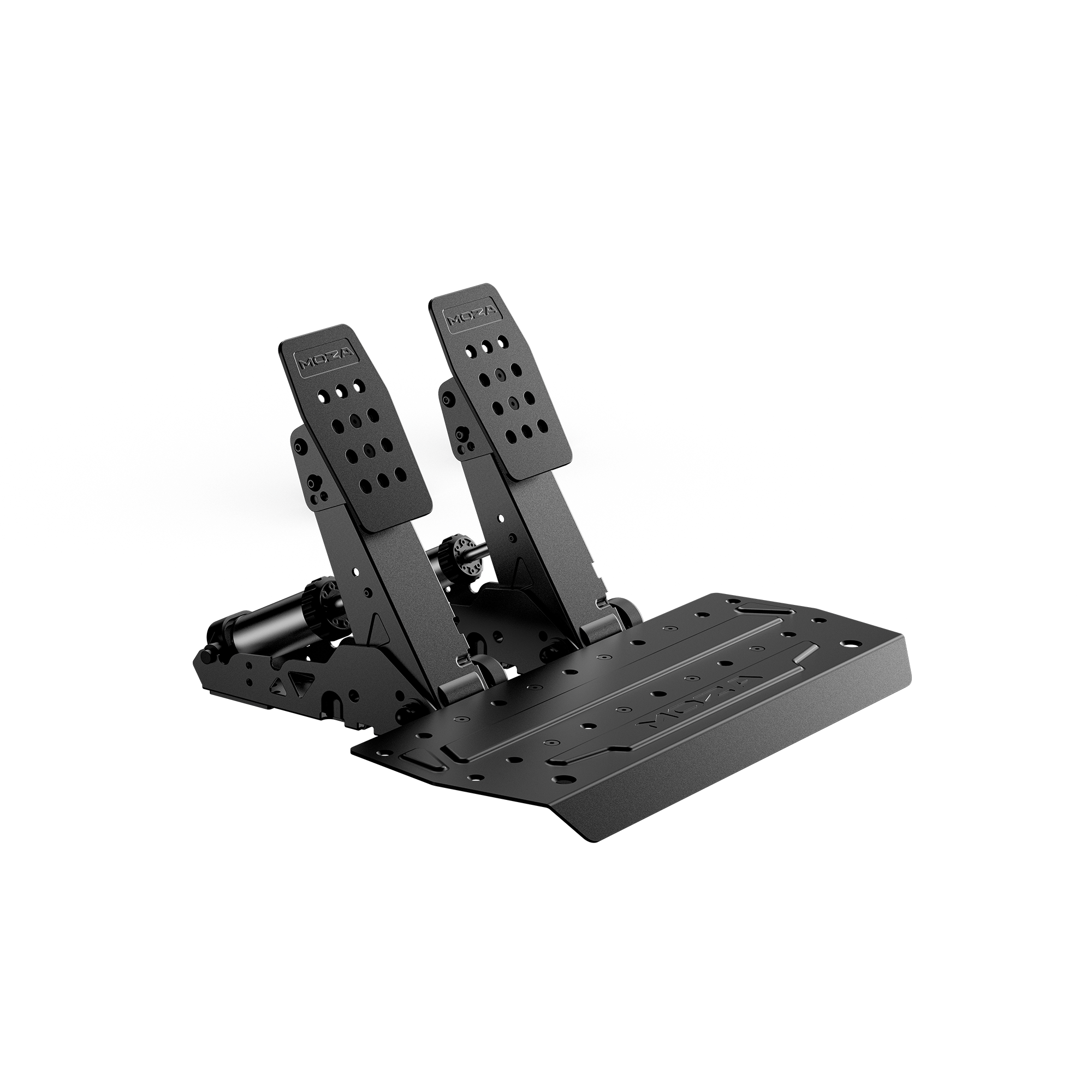 Zwarte sim-racing-pedalen met een metalen bodemplaat op een witte achtergrond.