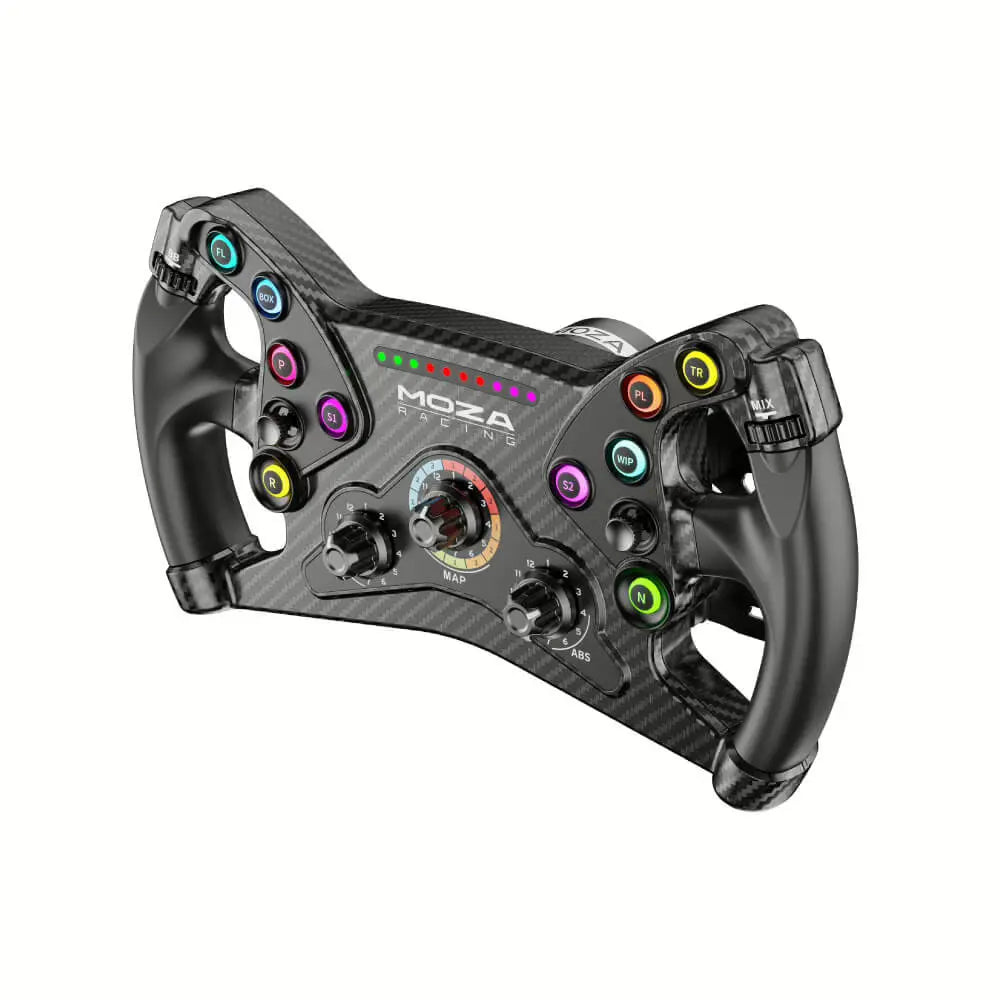 Een zwart carbon sim-racing stuurwiel met kleurrijke knoppen en wijzerplaten.