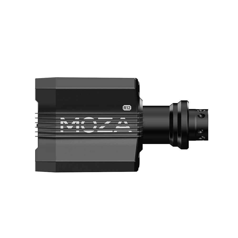 Zwarte MOZA R12 direct drive sim race stuurvoet tegen een witte achtergrond.