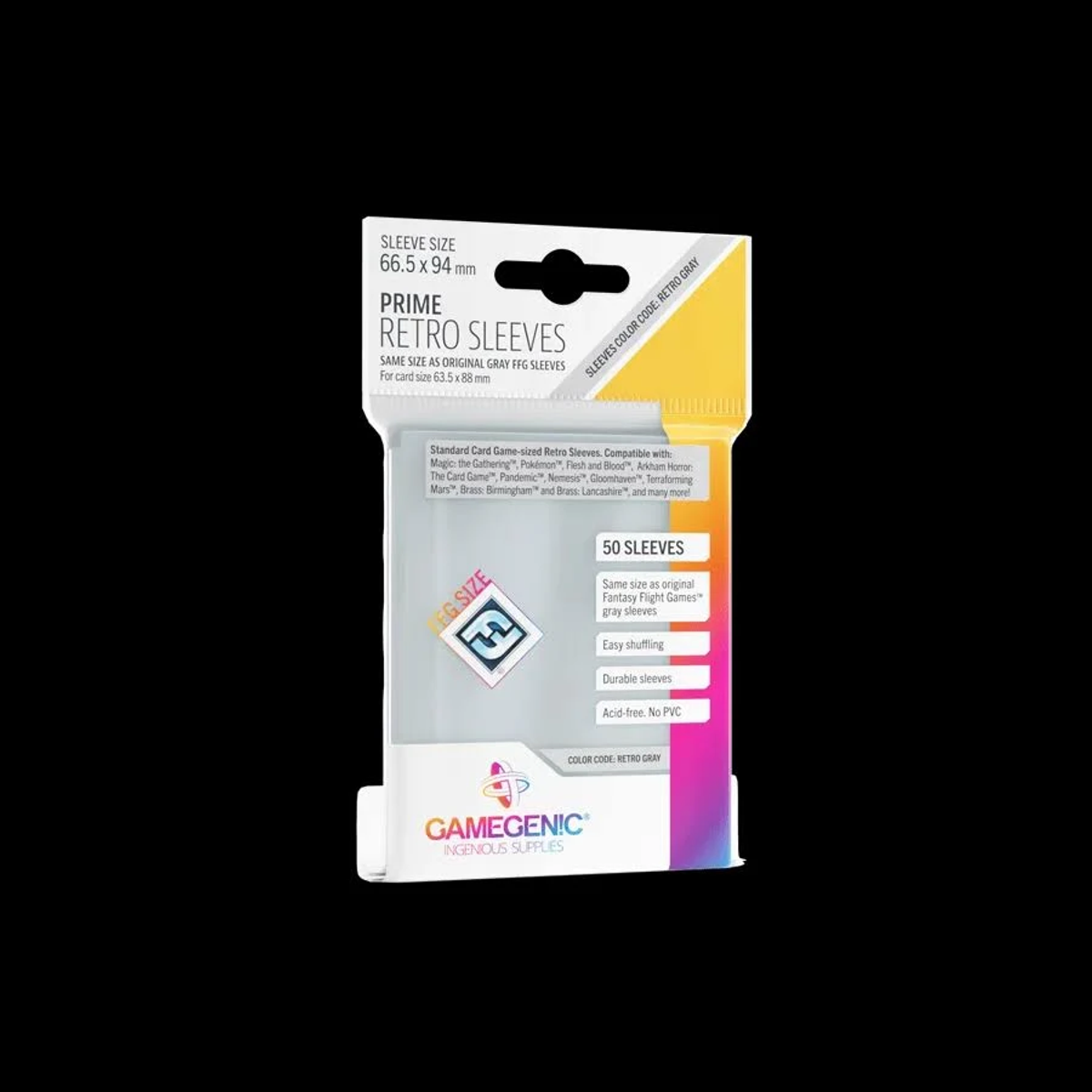 Un paquete de fundas Gamegenic Prime Retro en gris retro, con 50 fundas para cartas de tamaño estándar.