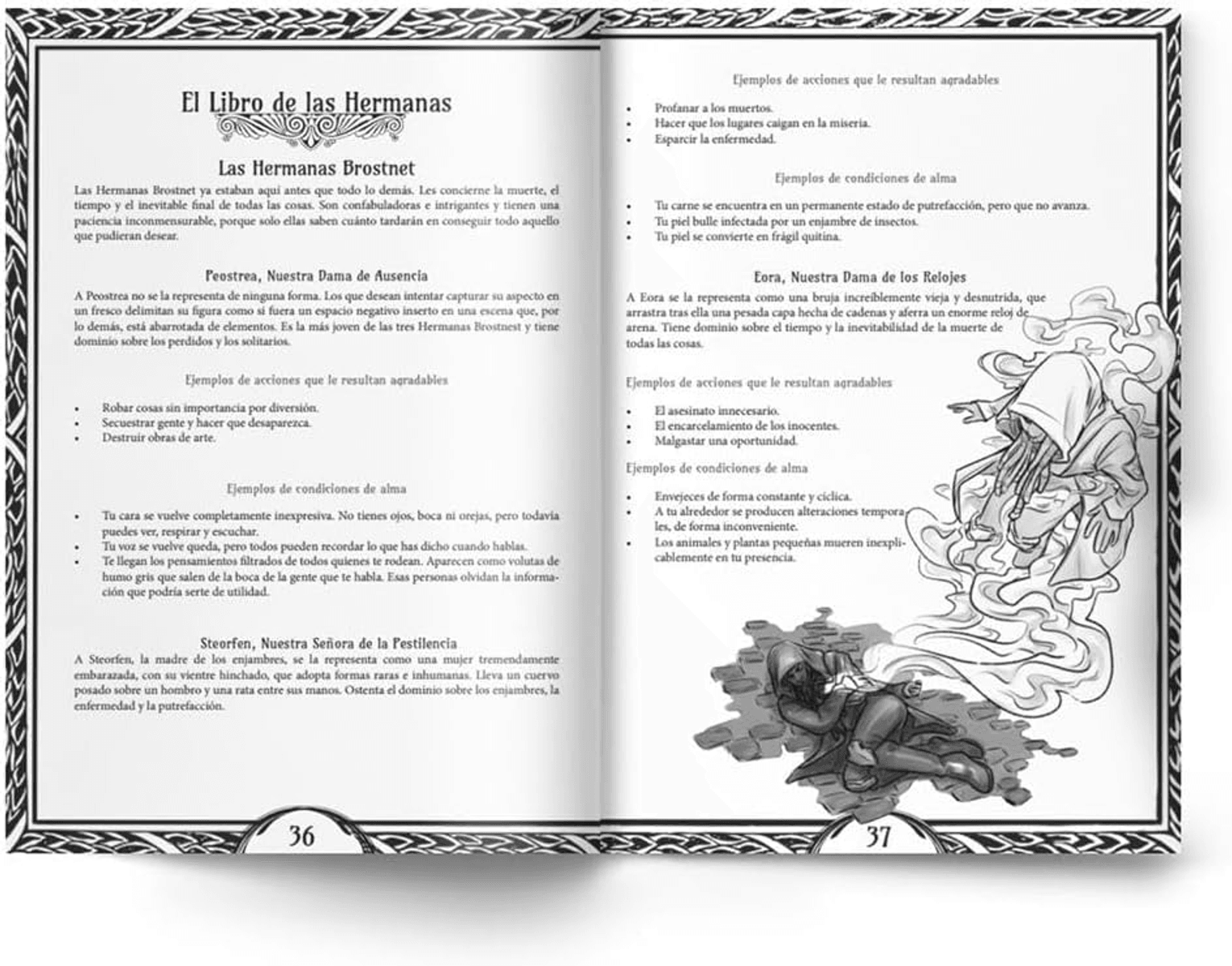 Libro abierto con texto en español, bordes decorativos e ilustraciones de personajes.